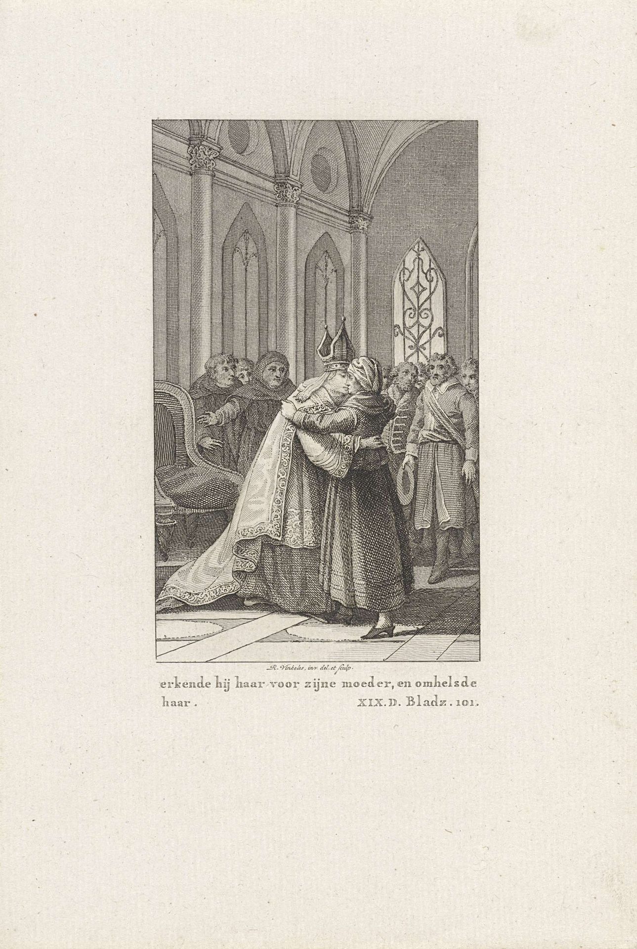 Bisschop Petrus Lombard omhelst zijn moeder by Reinier Vinkeles