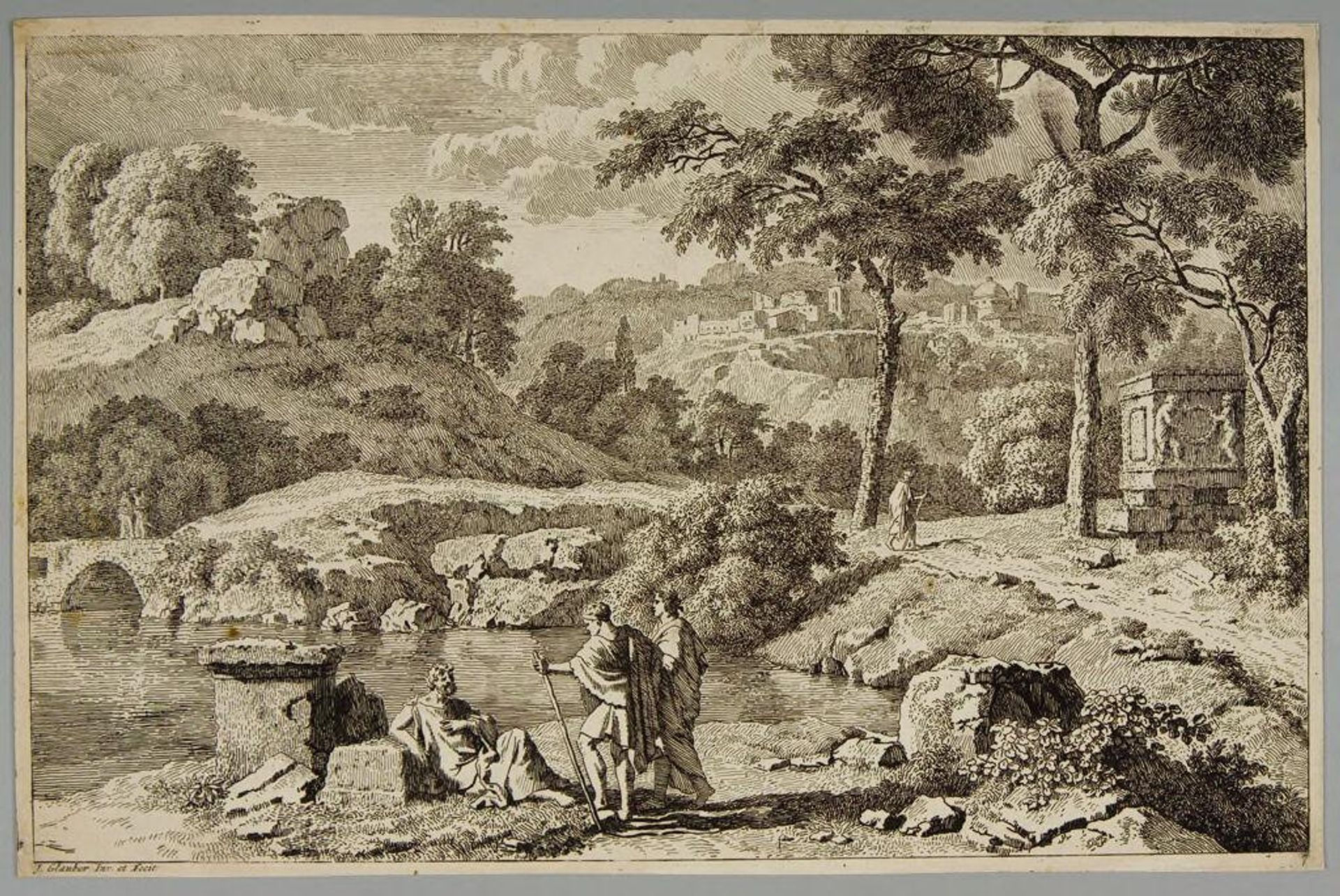 Two Men Standing Before an Old Man Reclining Against a Stone by Jan Glauber