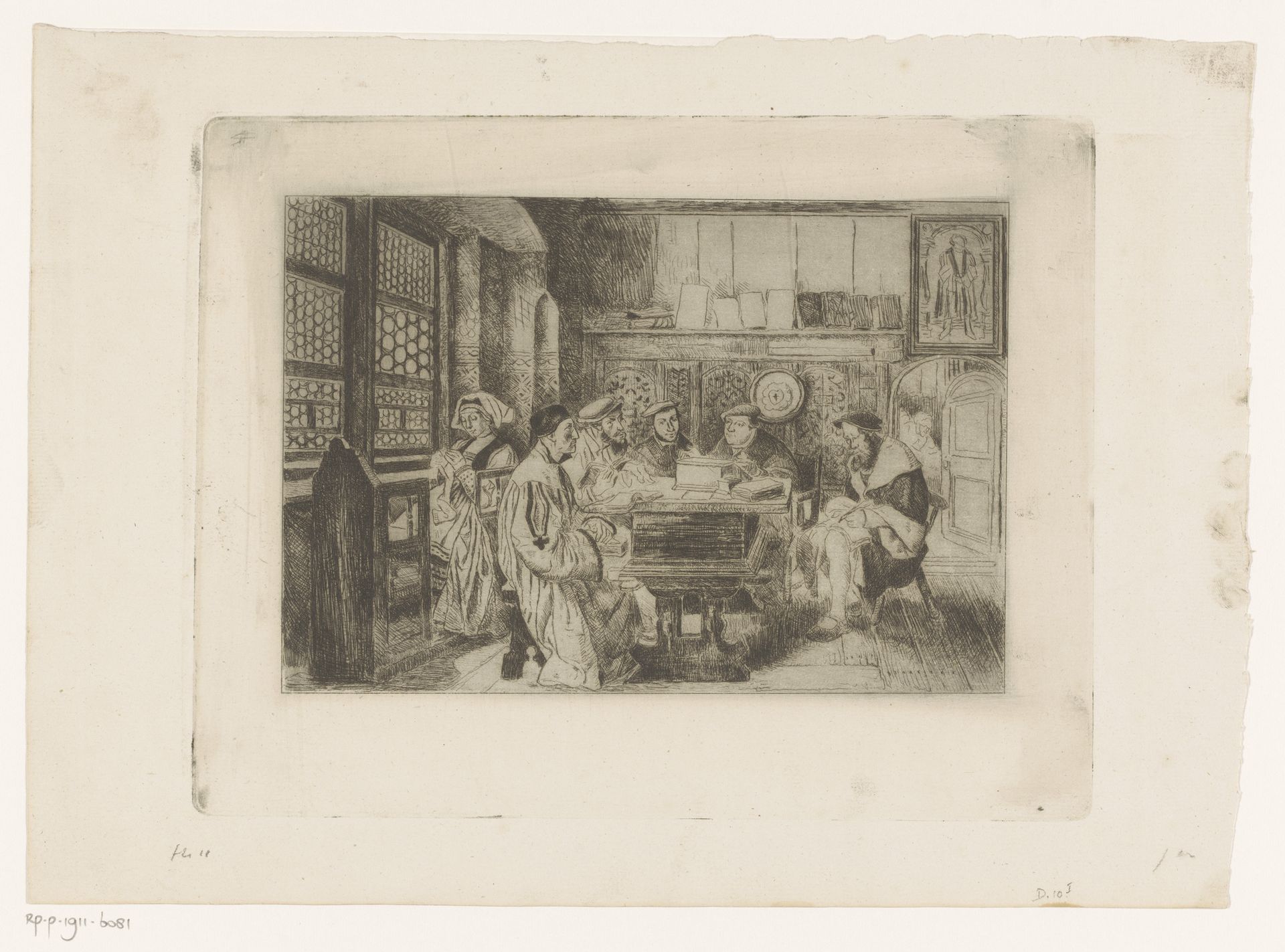 Interieur met groep personen, waaronder Luther, rond een tafel by Henri Leys