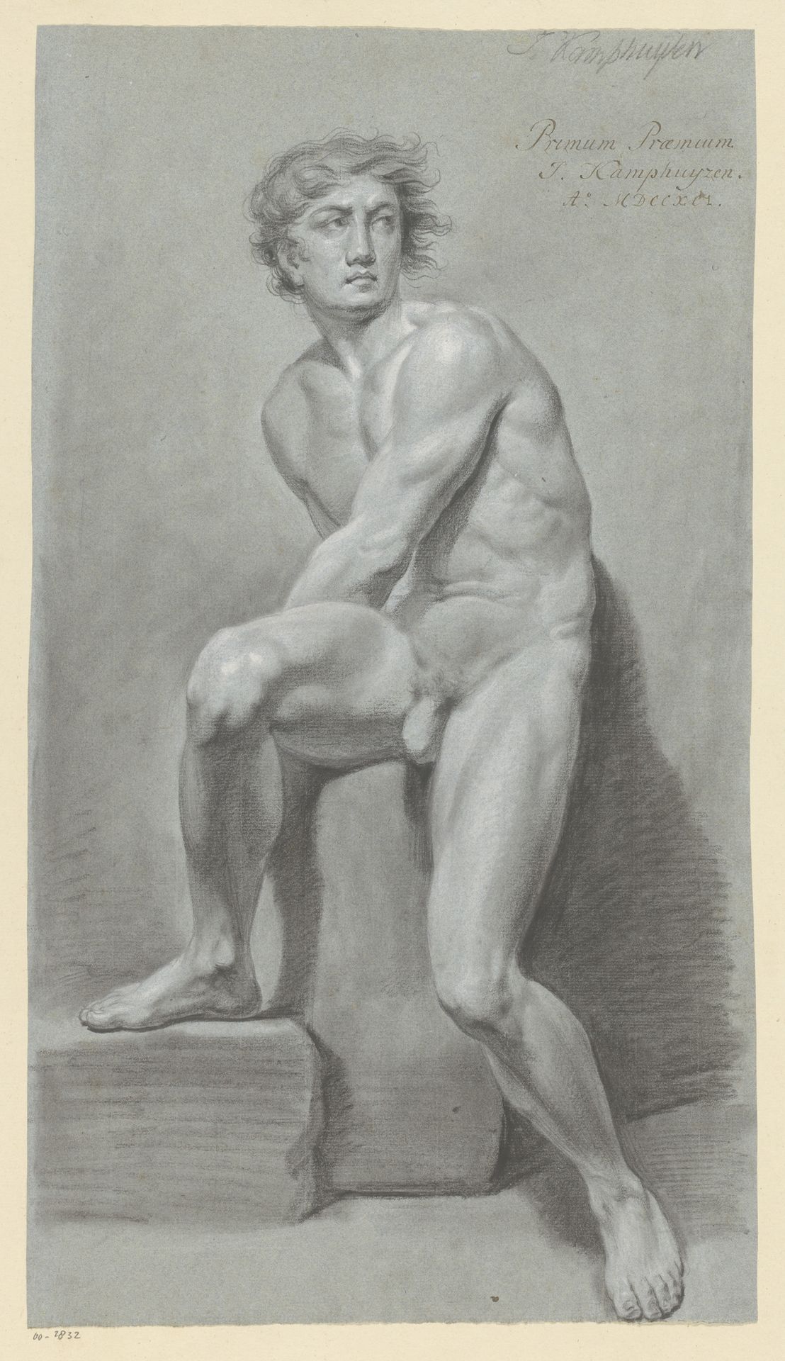 Zittend mannelijk naakt, van voren gezien (1e prijs 1791) by Jan Kamphuijsen