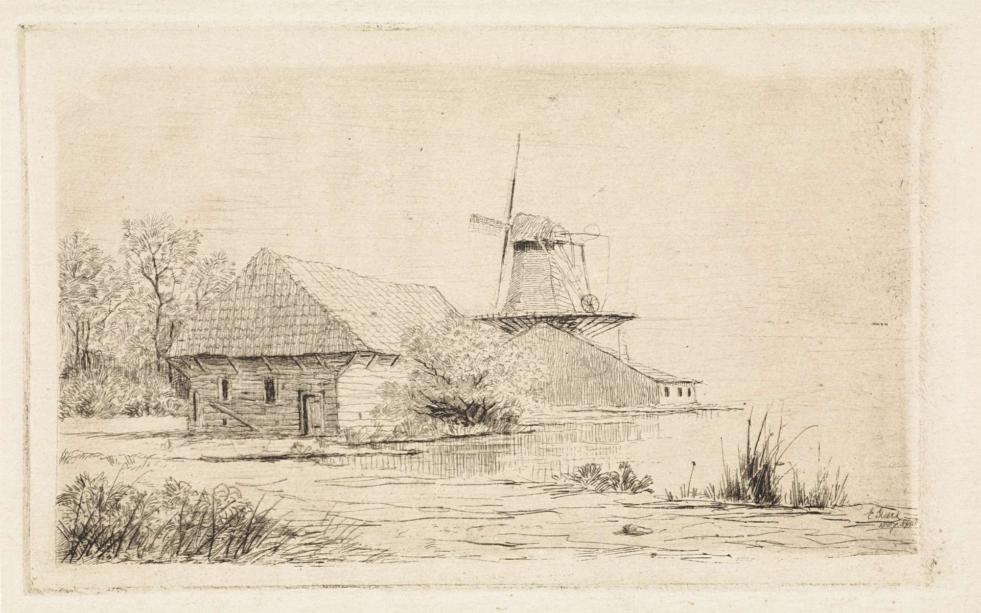Schuur en molen aan het water by Elias Stark