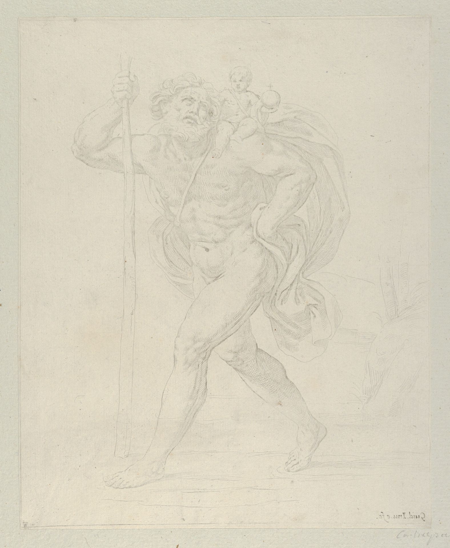 Saint Christopher walking with the infant Christ on his left shoulder, counterproof by Guido Reni