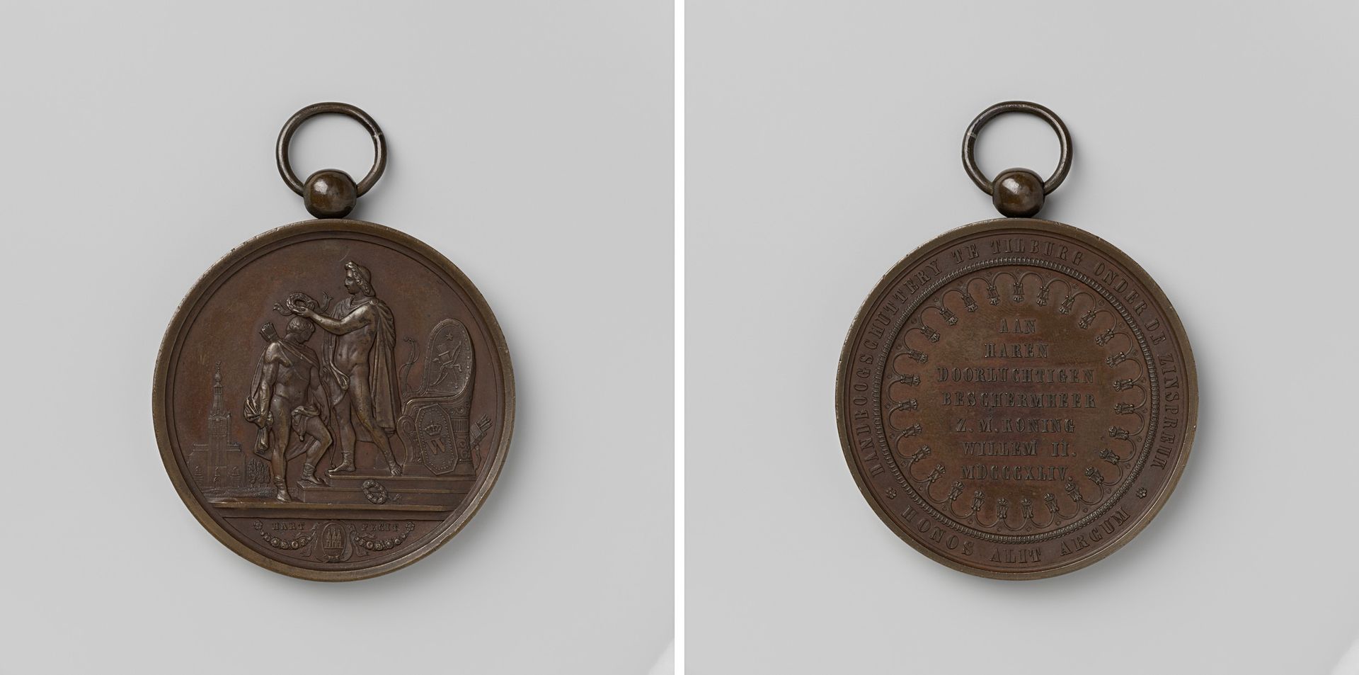 Handboogschutterij "Honos alit arcum" te Tilburg, penning geschonken aan de beschermheer Willem II, koning der Nederlanden by Laurent Joseph Hart