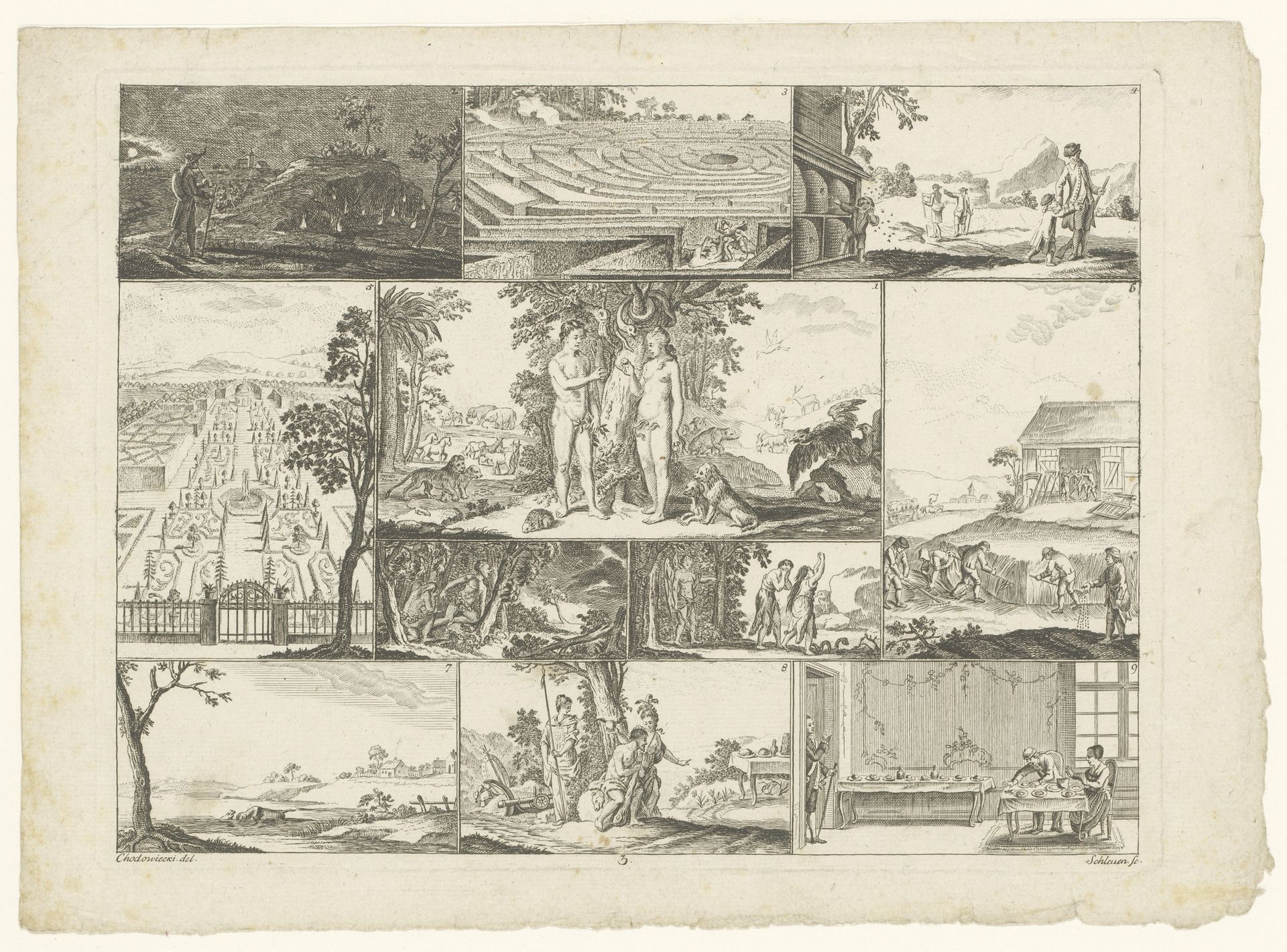 Zondeval, omringd door uiteenlopende voorstellingen by Johann David (I) Schleuen