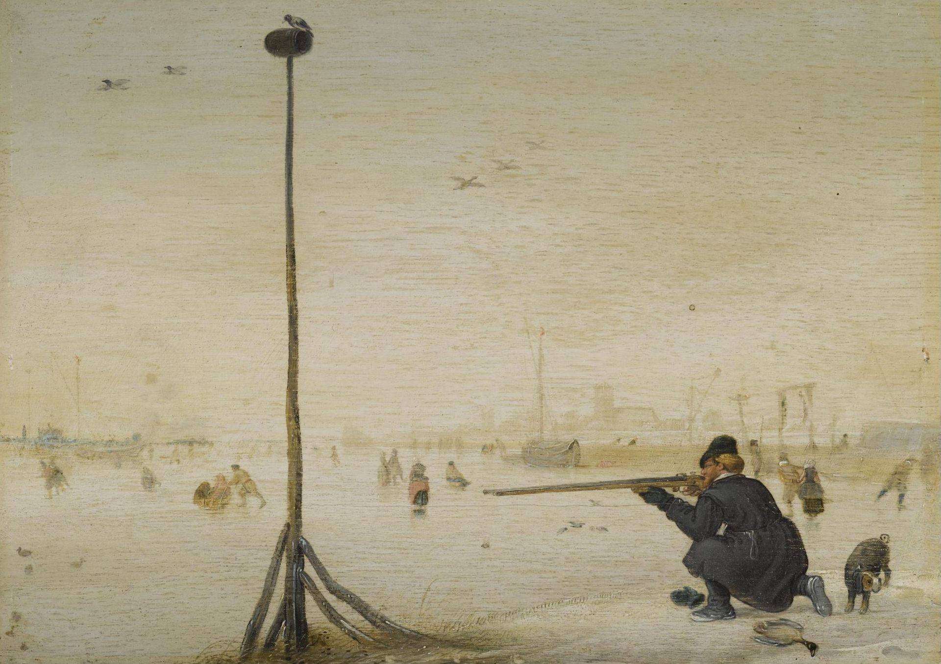 Winter Landscape with a Hunter Shooting Duck at the Edge of a Frozen Waterway / Winter Landscape with a Duck Hunter by Hendrick Avercamp