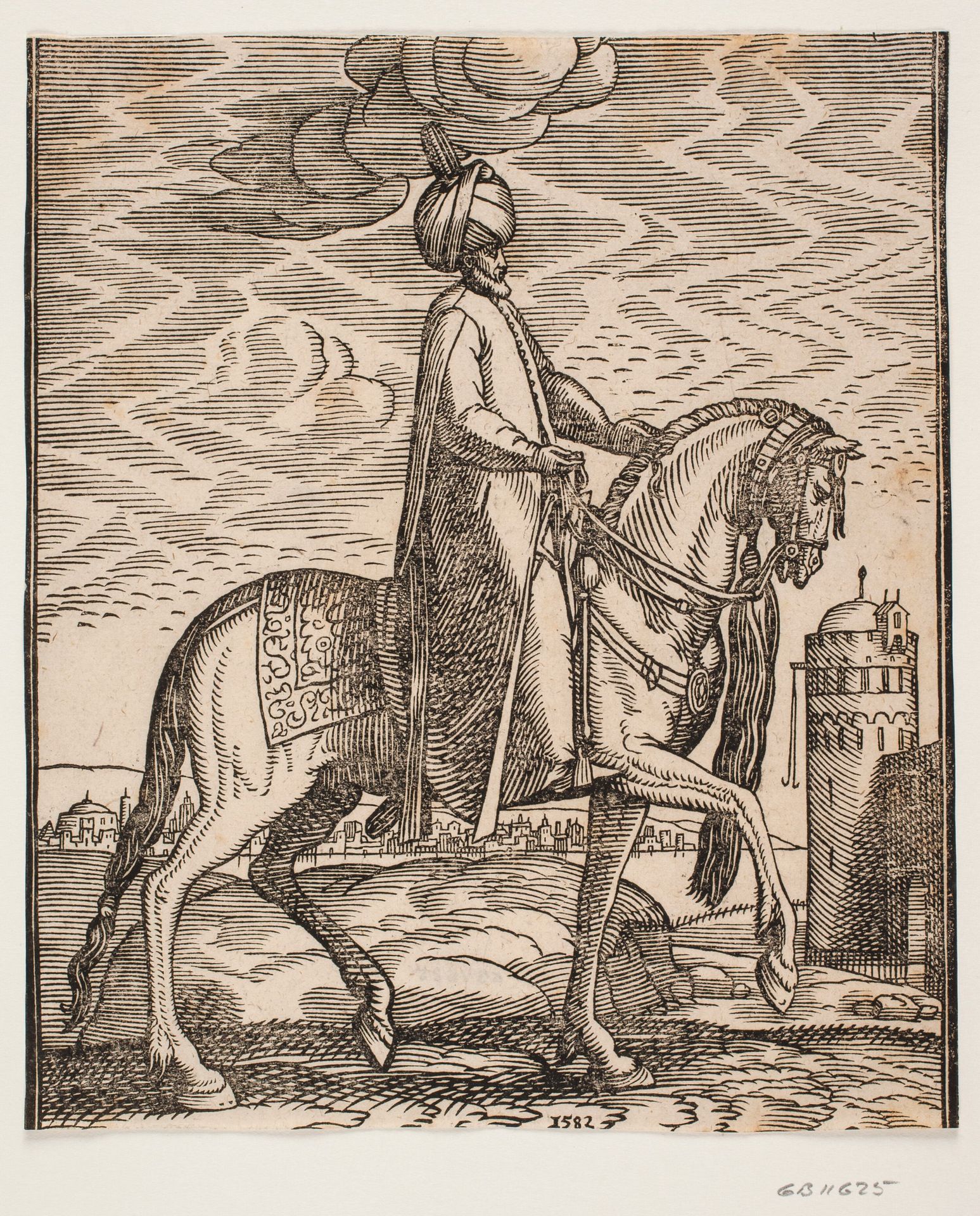Turban-clad rider, with club hanging at the horse's right side; profile towards the right; on the right side of the picture, a wall with a gate and a round tower by Melchior Lorck