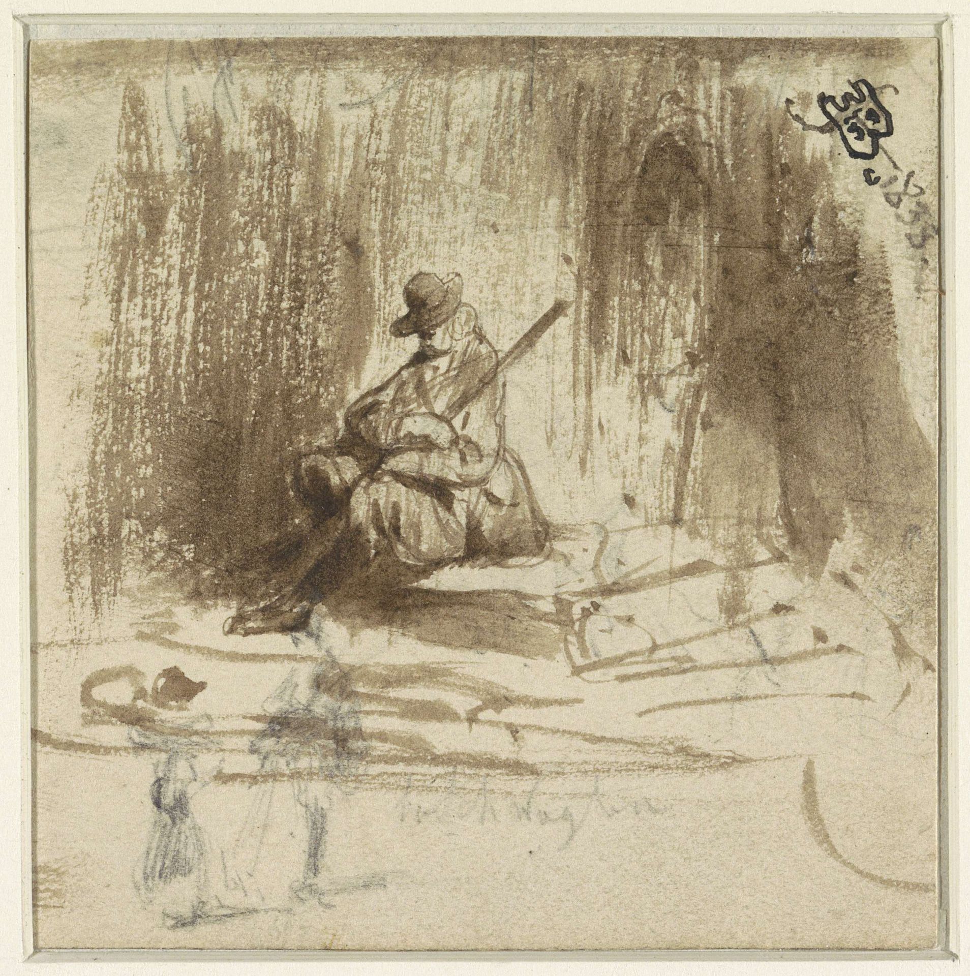 Schetsen van een zittende man en twee staande figuurtjes by Eugène François de Block