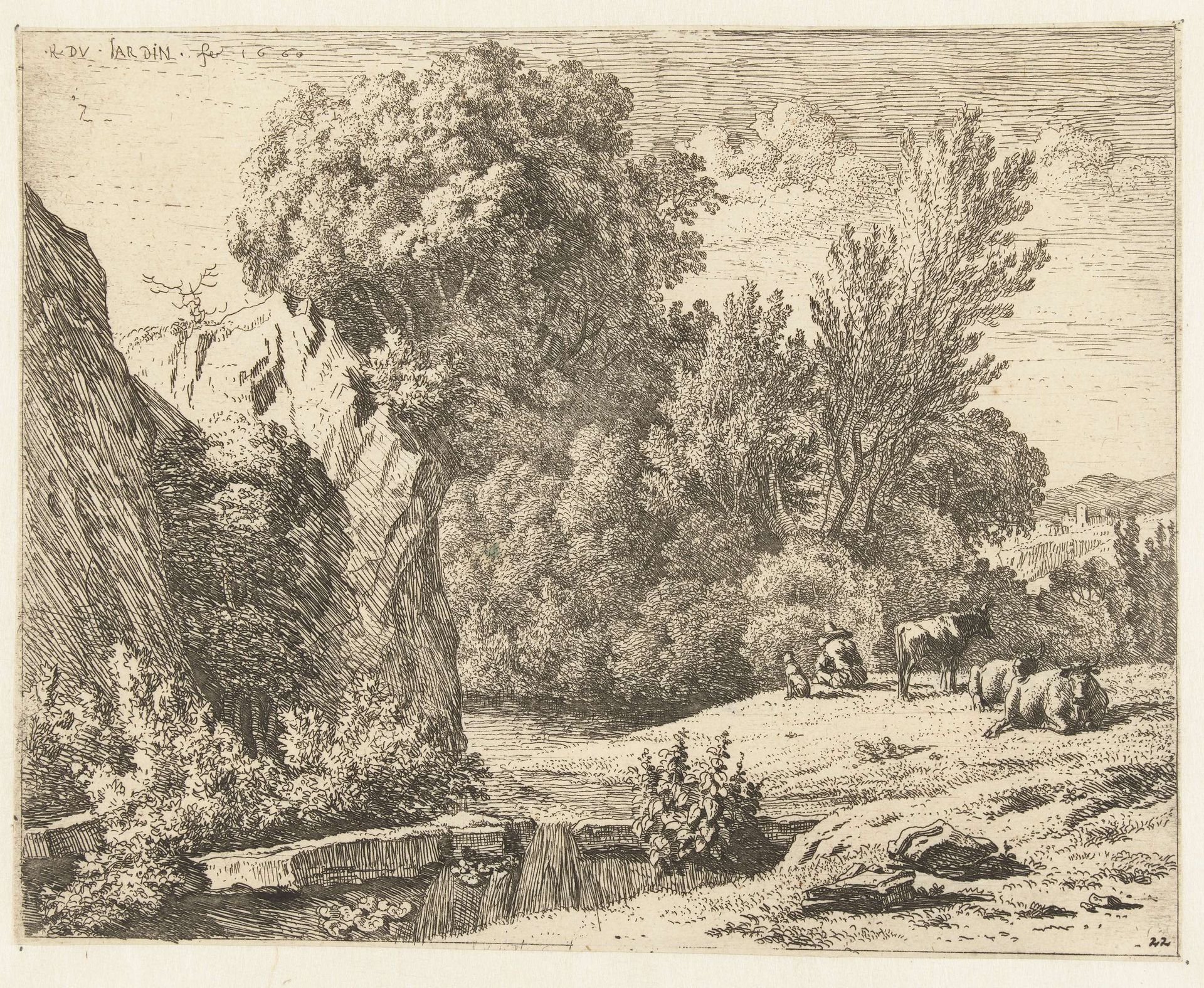 Landschap met herder en drie koeien by Karel du Jardin