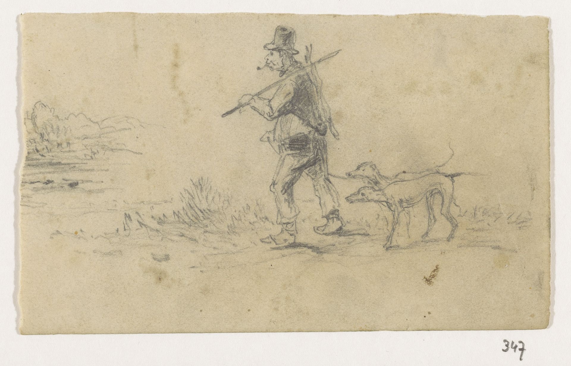 Jager met honden en een haas op de rug by Johannes Tavenraat