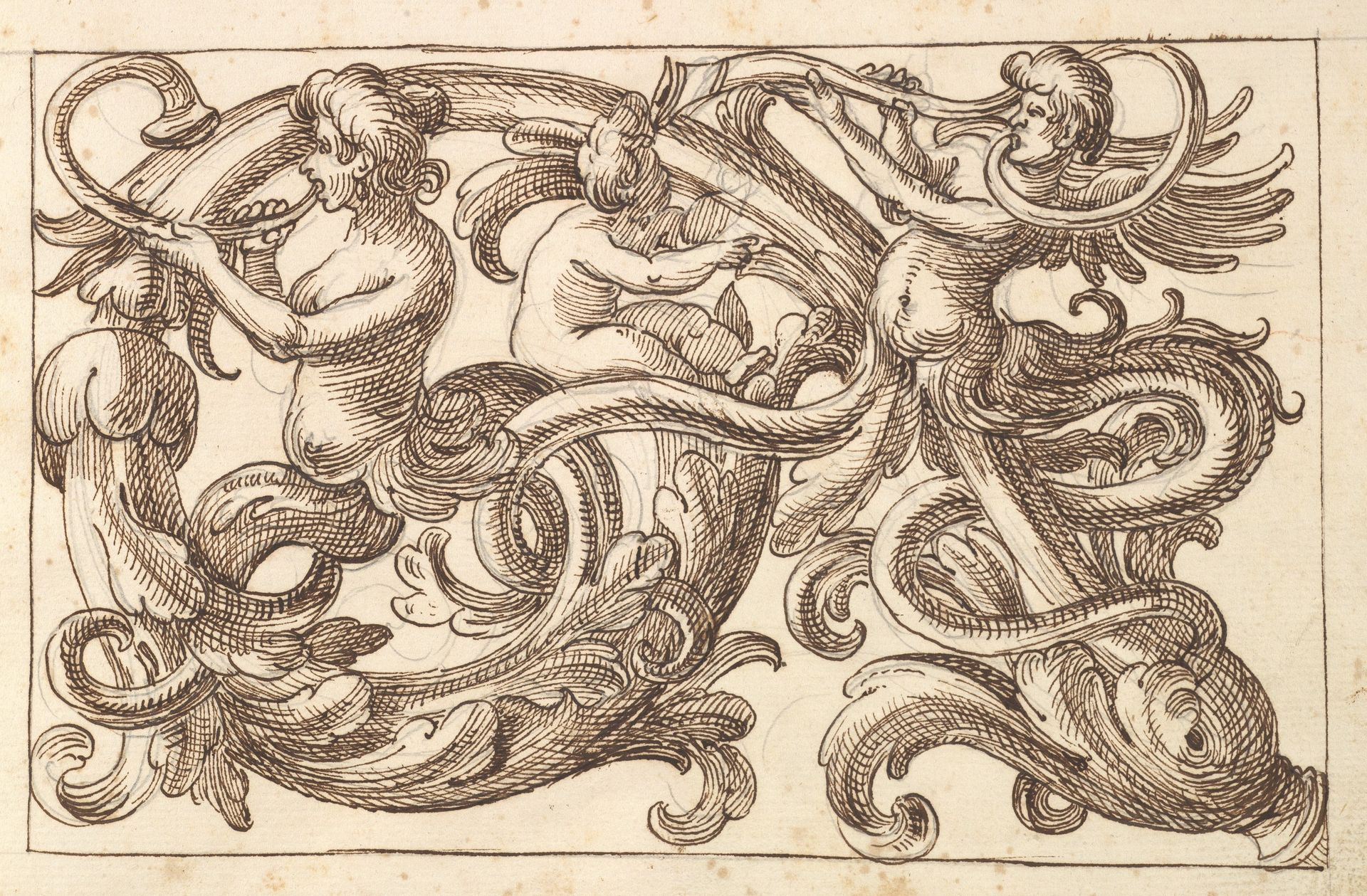 Horizontal Panel Design with Two Male Figures and a Putto Interspersed between  Acanthus Rinceaux by Anonymous