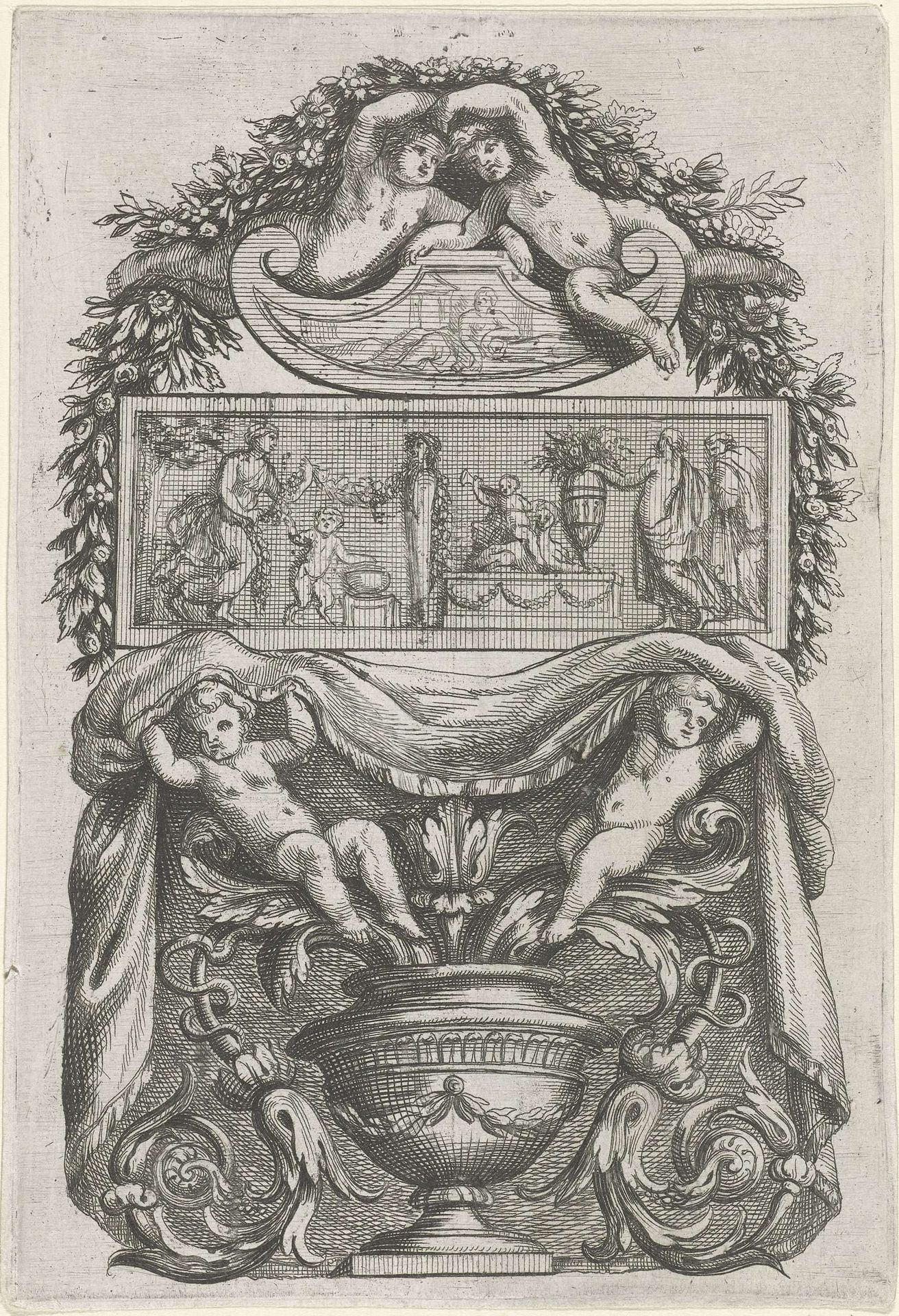 Plaat met reliëf tussen schild en vaas by Antoine (le jeune) Pierretz