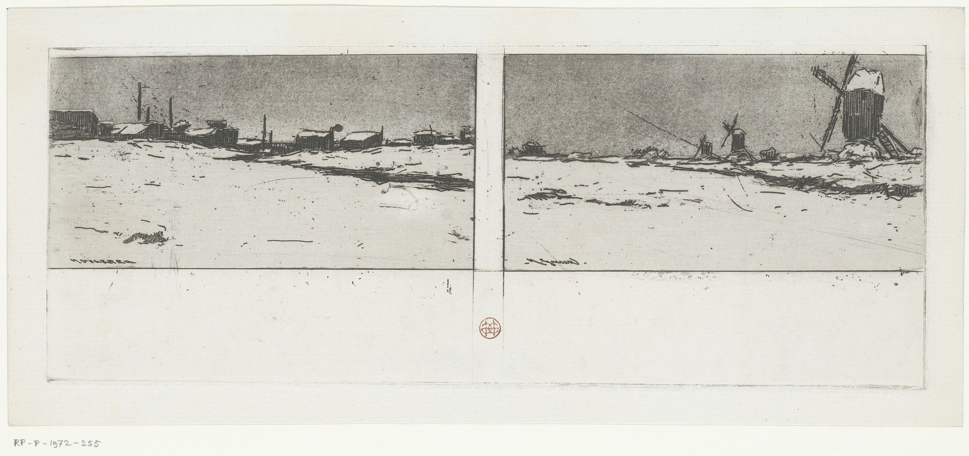 Sneeuwgezicht met molens en schuren by Henri-Charles Guérard