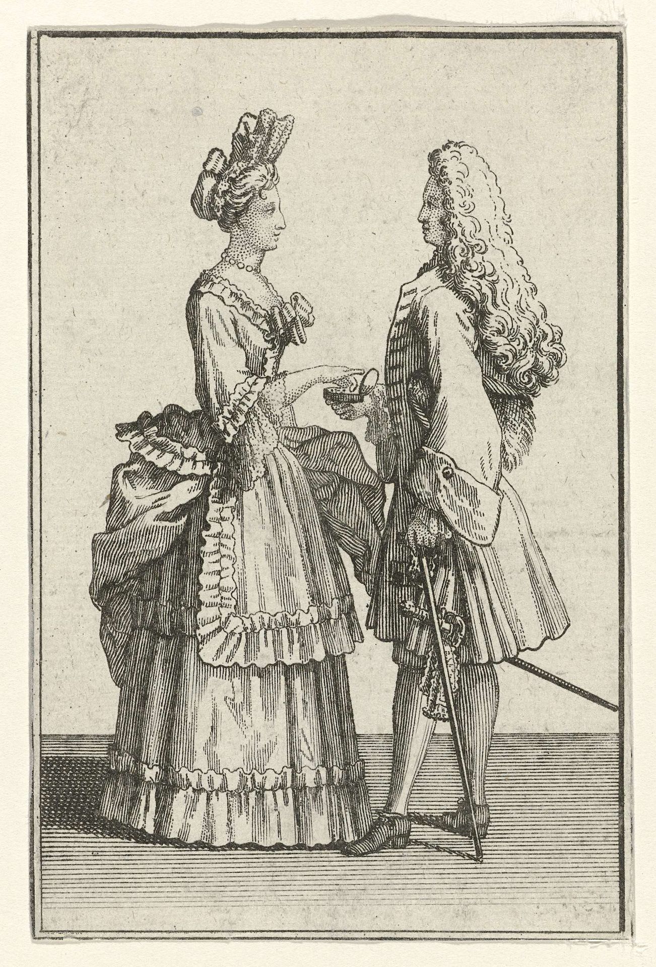 Staande vrouw en man met snuifdoos by Bernard Picart