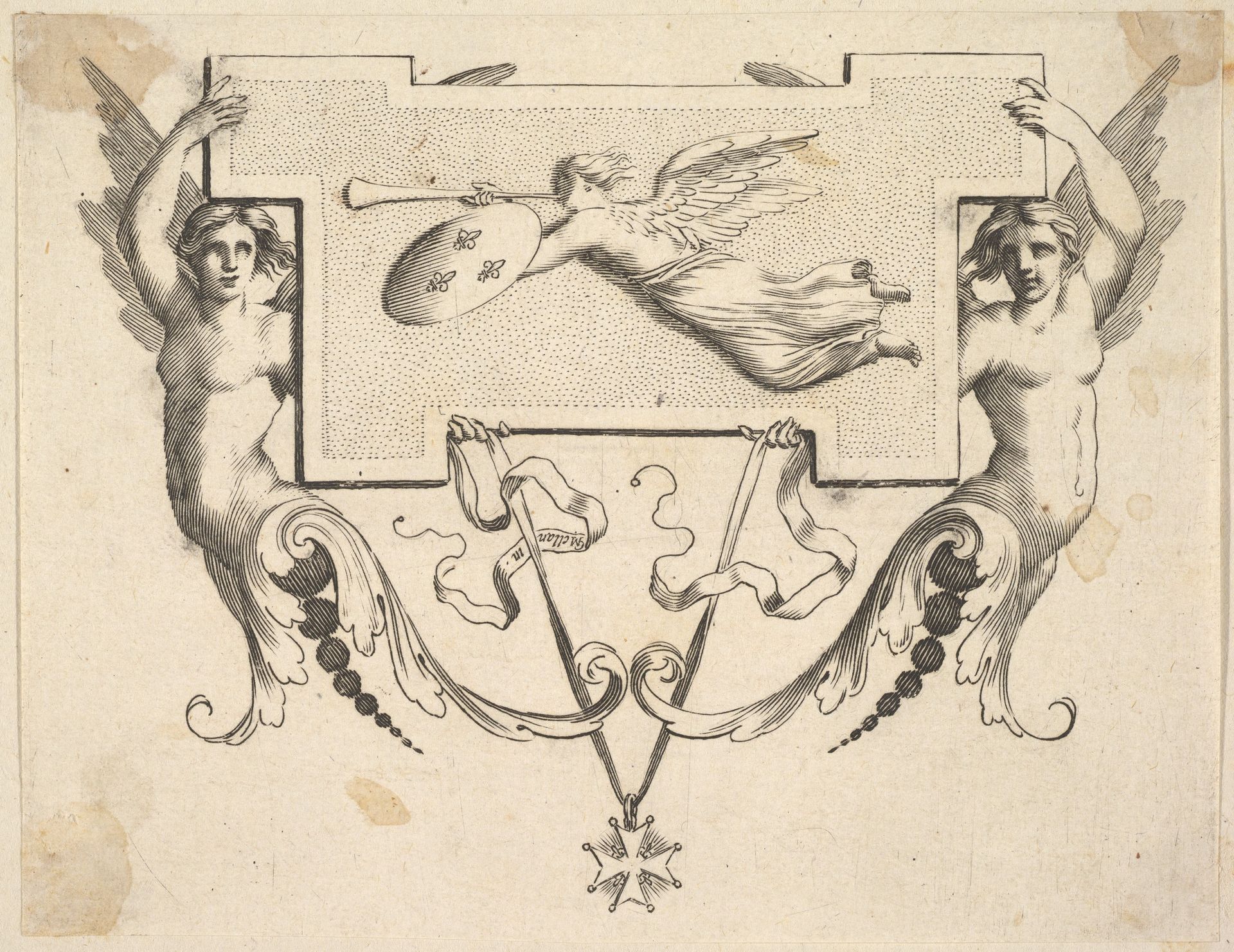 Tail-piece: Two Winged Women Hold a Cartel Decorated by Fame by Claude Mellan
