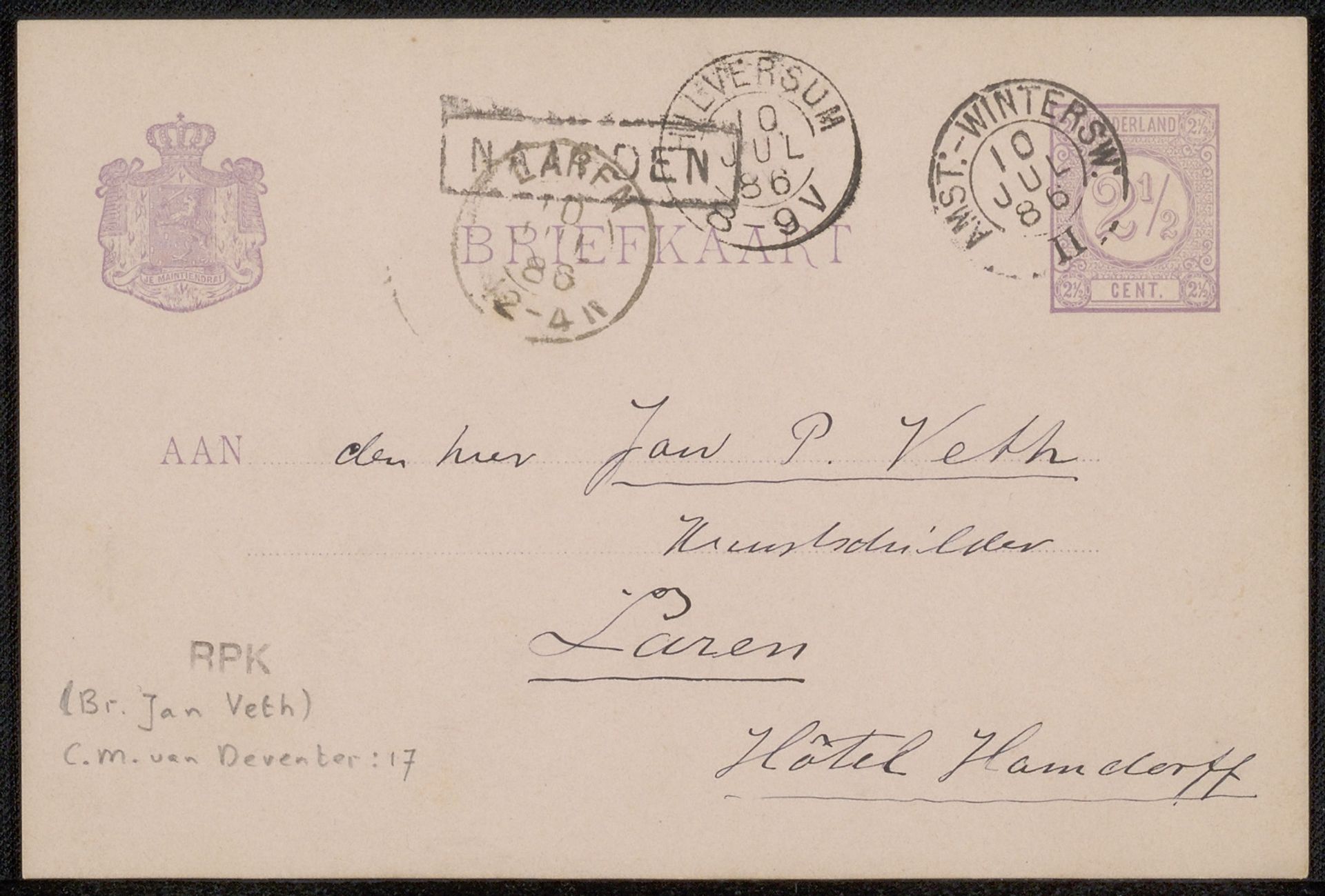 Briefkaart aan Jan Veth by Chap van Deventer