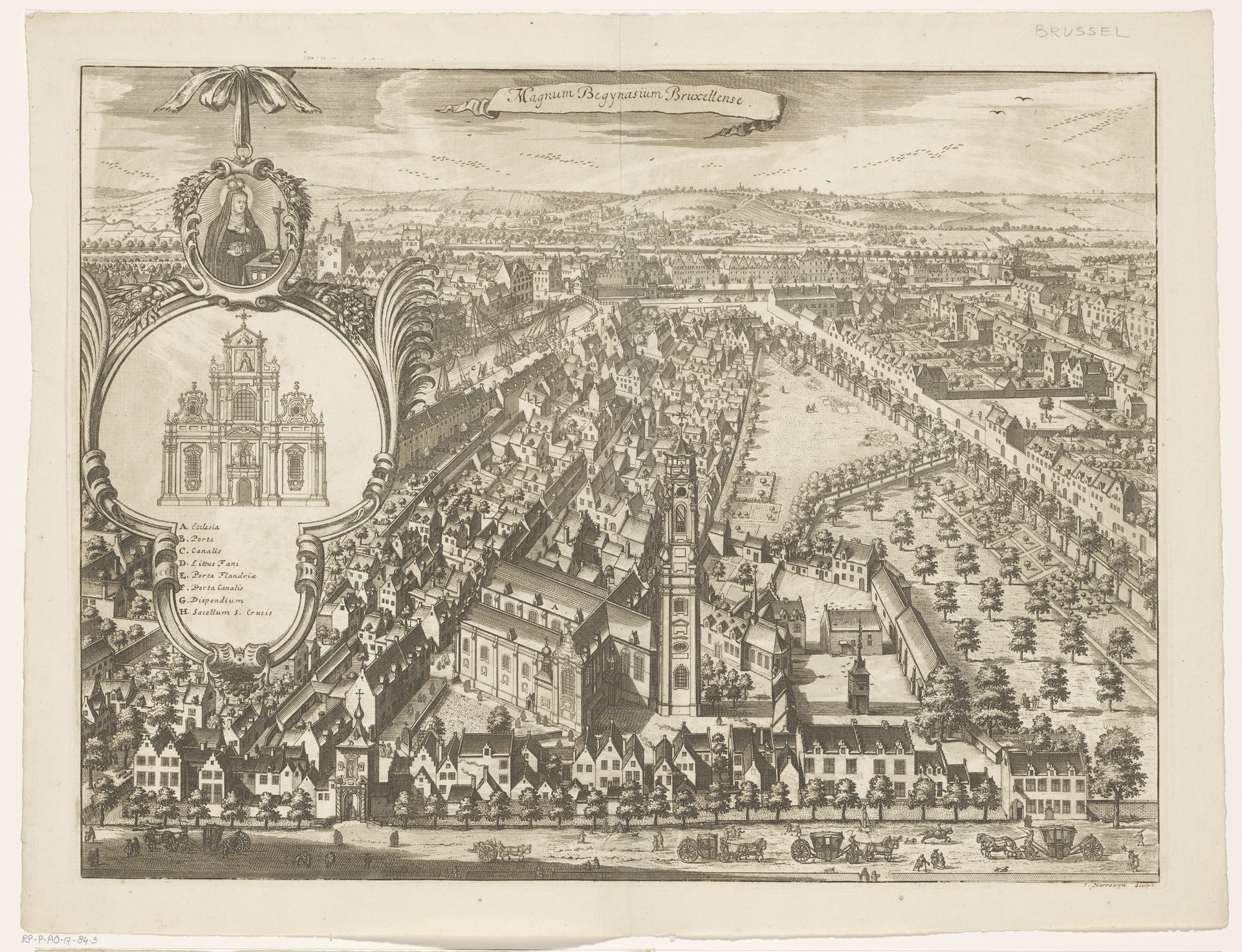 Gezicht op de Sint-Jan Baptist ten Begijnhofkerk, te Brussel by Jacobus Harrewijn