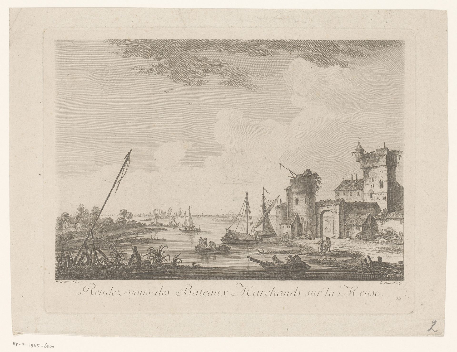 Gezicht op een haven aan de Maas by Jean Jacques Le Veau