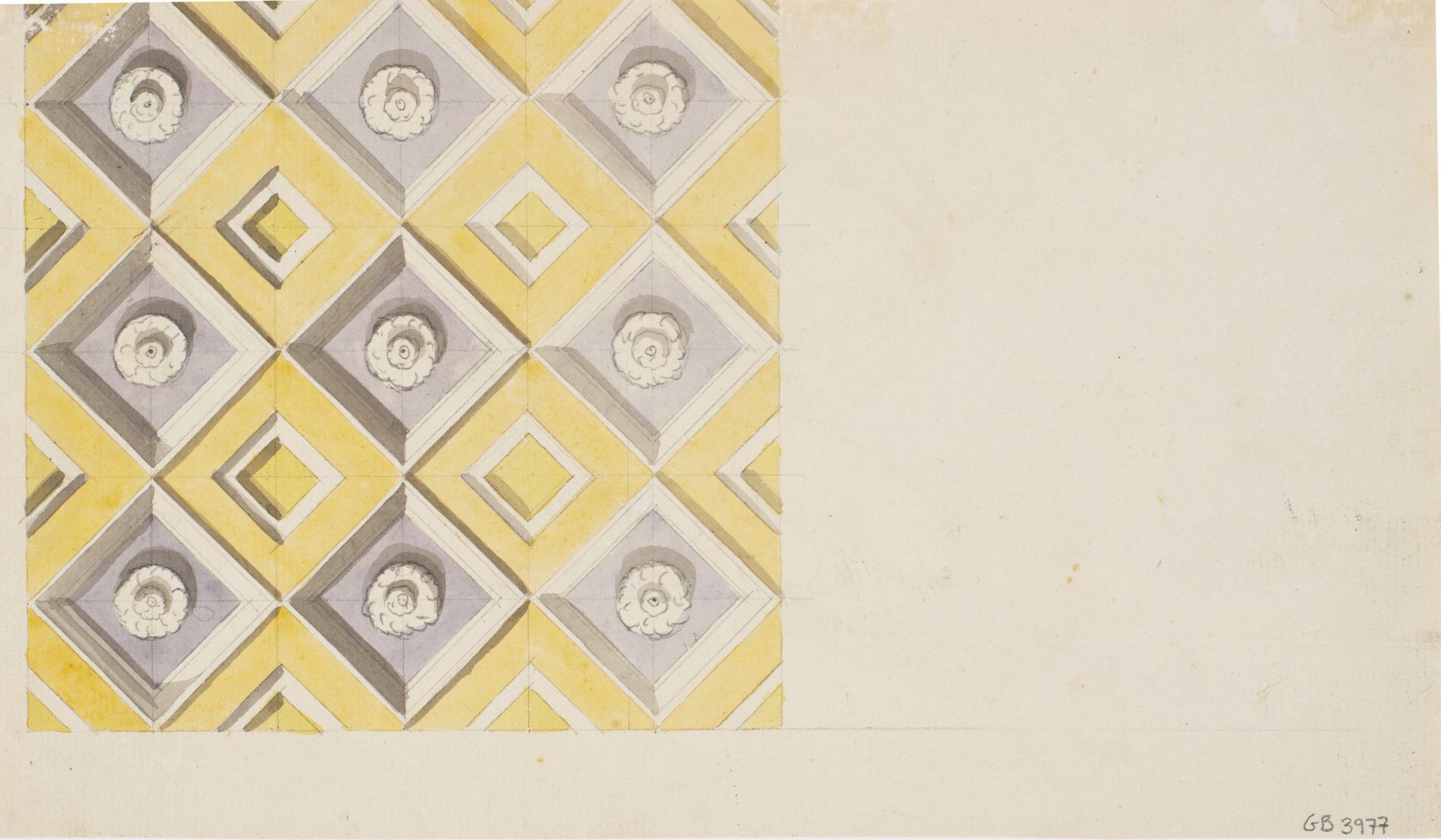 Fragment af loftskassetter i gult og violet by Nicolai Abildgaard