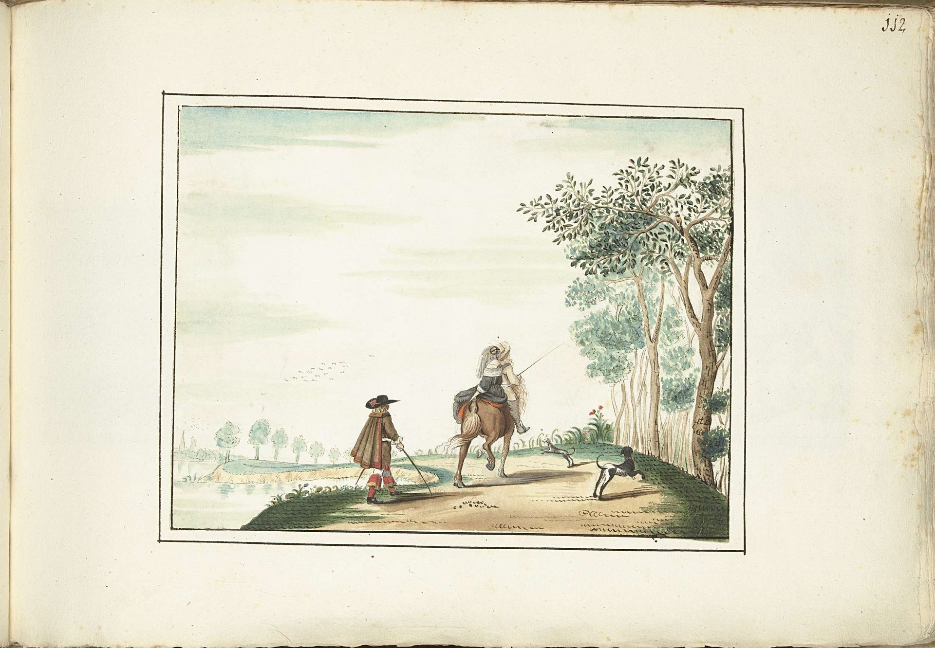 Heer en dame te paard en een voetganger in een landschap by Gesina ter Borch
