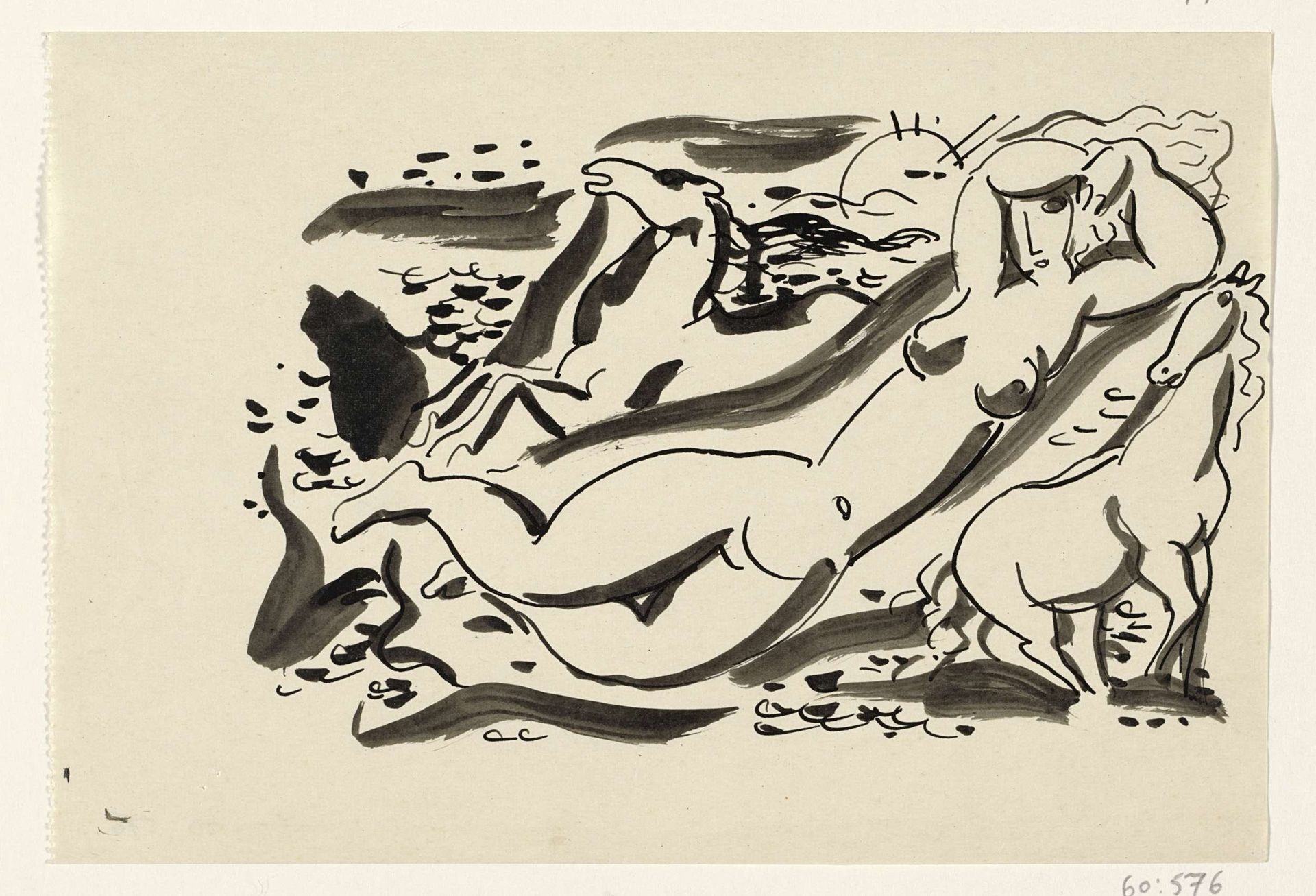 Naakte vrouw en twee paarden in de zee by Leo Gestel