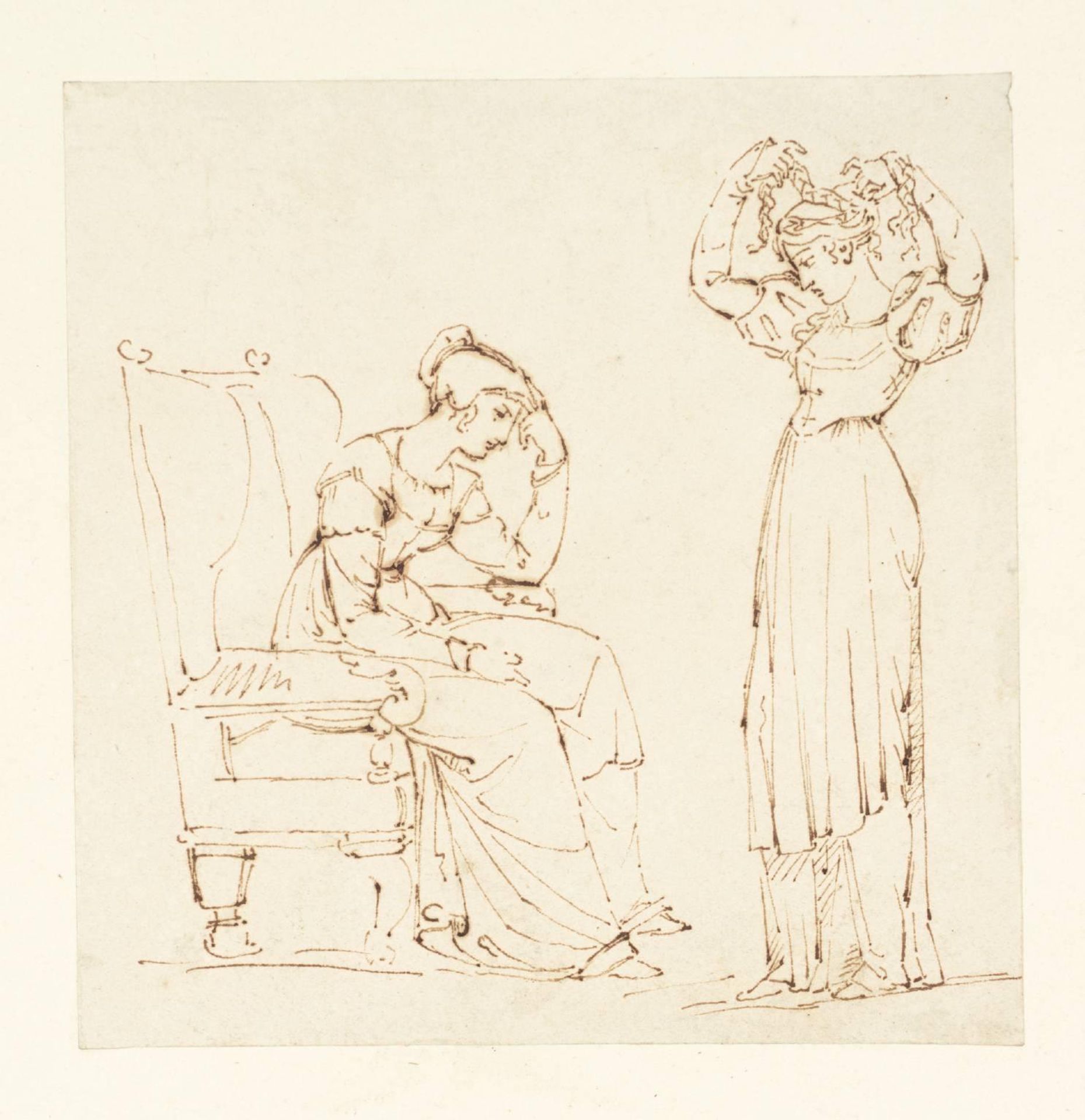 Two Girls, One Seated, the Other Dressing her Hair by British (?) School 19th century