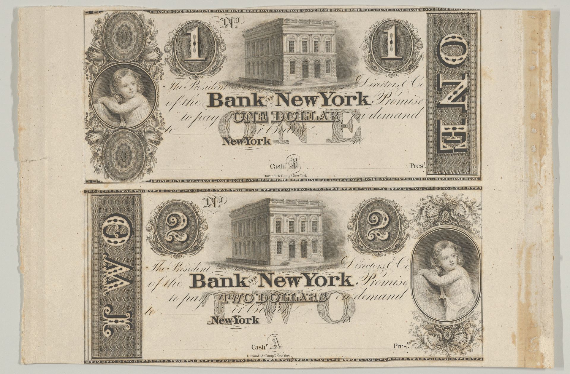 Proofs of Bank of New York One Dollar Bill and Two Dollar Bill by Asher Brown Durand