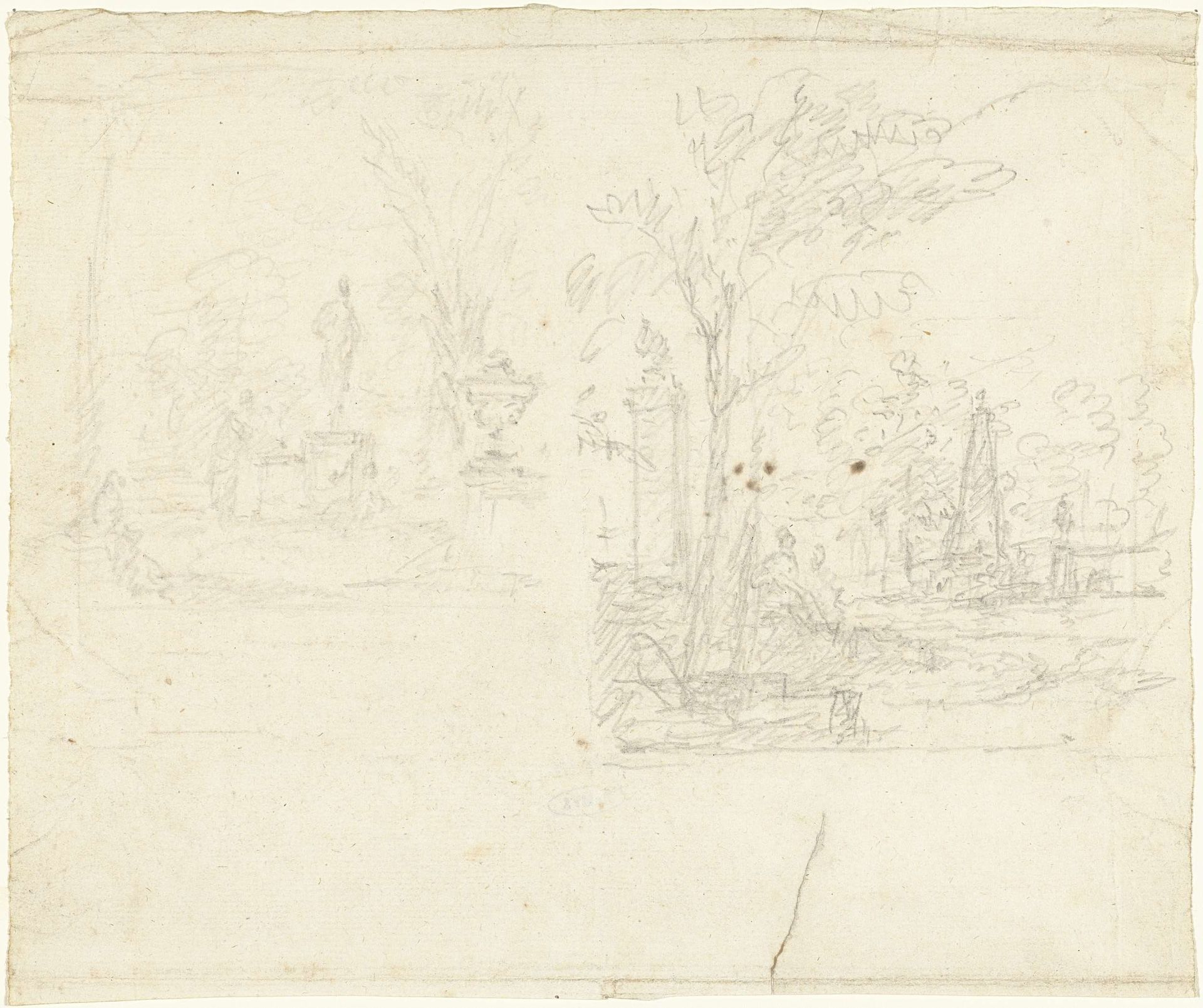 Twee schetsen van tuinen met sculpturen en architectuur by Dionys van Nijmegen