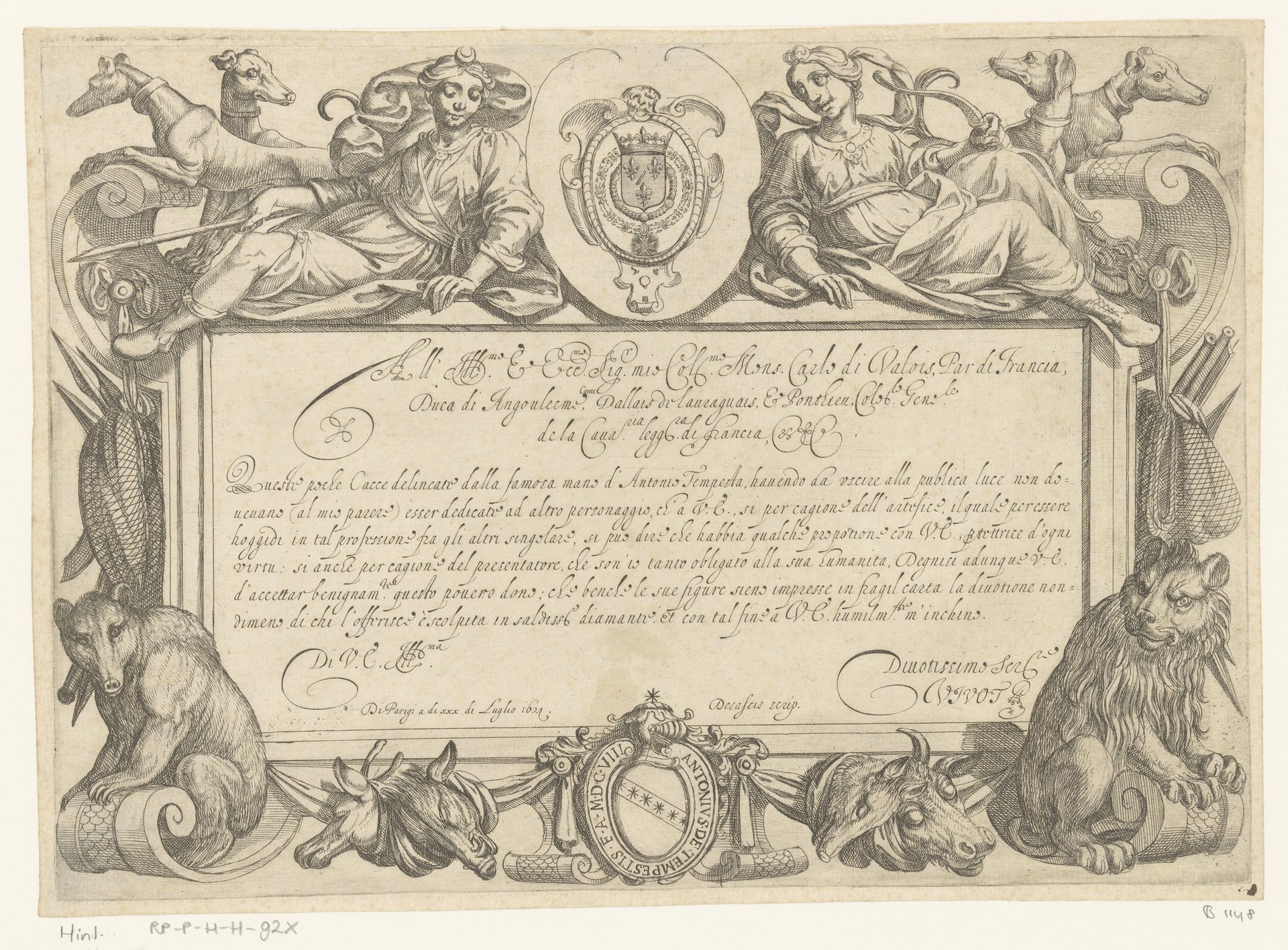 Cartouche met opdracht, leeuw, beer, Diana, nimf en jachthonden by Antonio Tempesta
