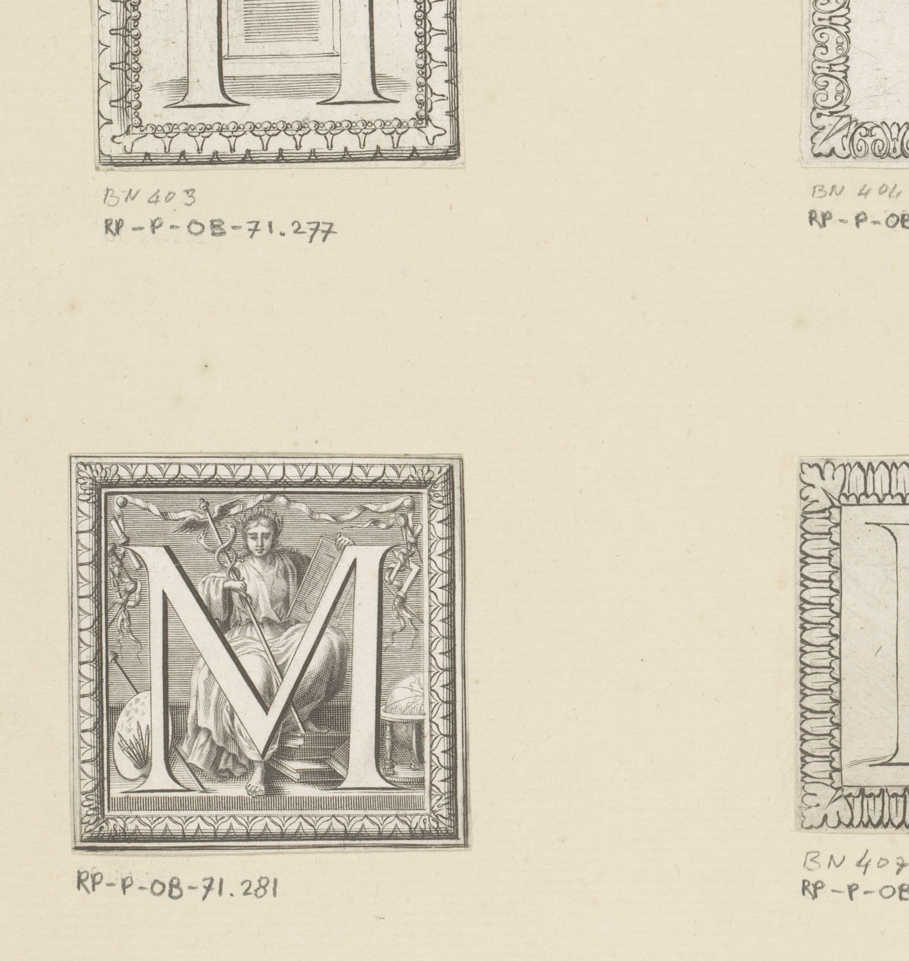Letter M met personificatie van de kunsten by Claude Mellan