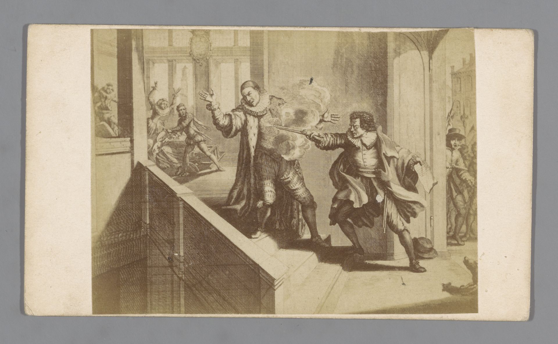 Fotoreproductie van een gravure van de moordaanslag op Willem I door Balthasar Gérards in Delft op 10 juli 1584 by Anonymous