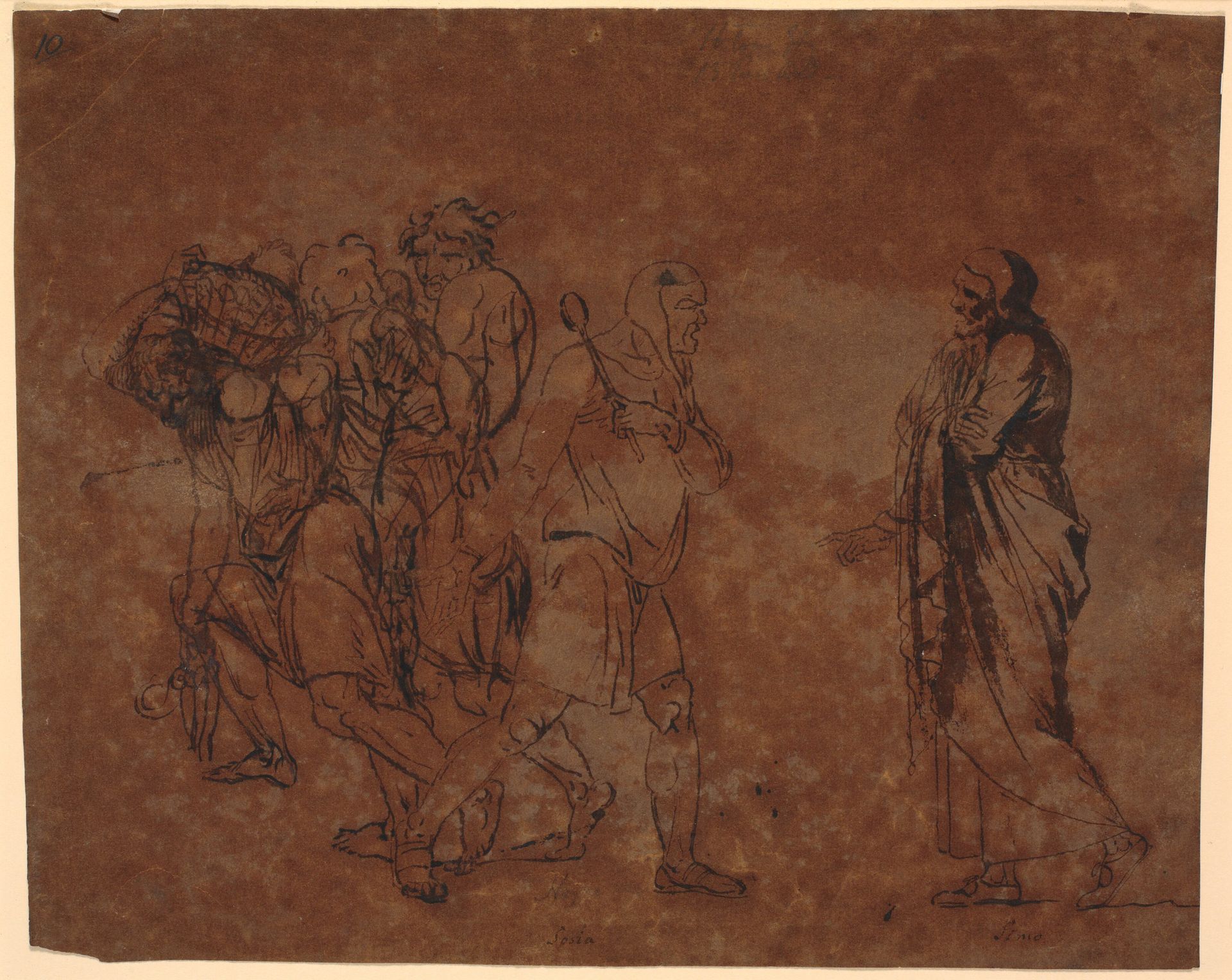 Studie af Simo, Sosie og slaverne, i billedet med disse figurer. [Simo betror sig til Sosia] by Nicolai Abildgaard