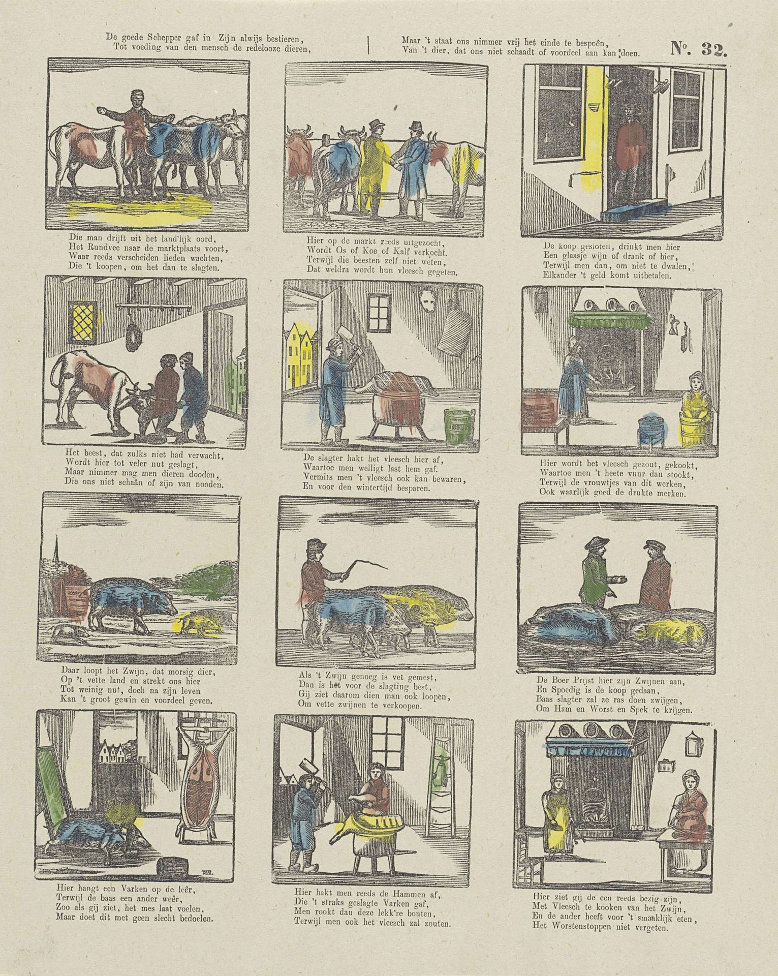 De goede schepper gaf in zijn alwijs bestieren, / Tot voeding van den mensch de redelooze dieren, / Maar 't staat ons nimmer vrij het einde te bespoên / Van 't dier, dat ons niet schaadt of voordeel aan kan doen by Willem Bal