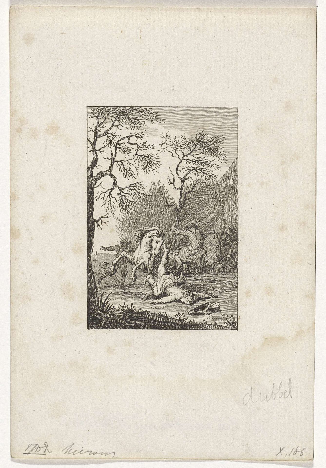 Dodelijke val van Willem III tijdens een jachtpartij, 1702 by Reinier Vinkeles