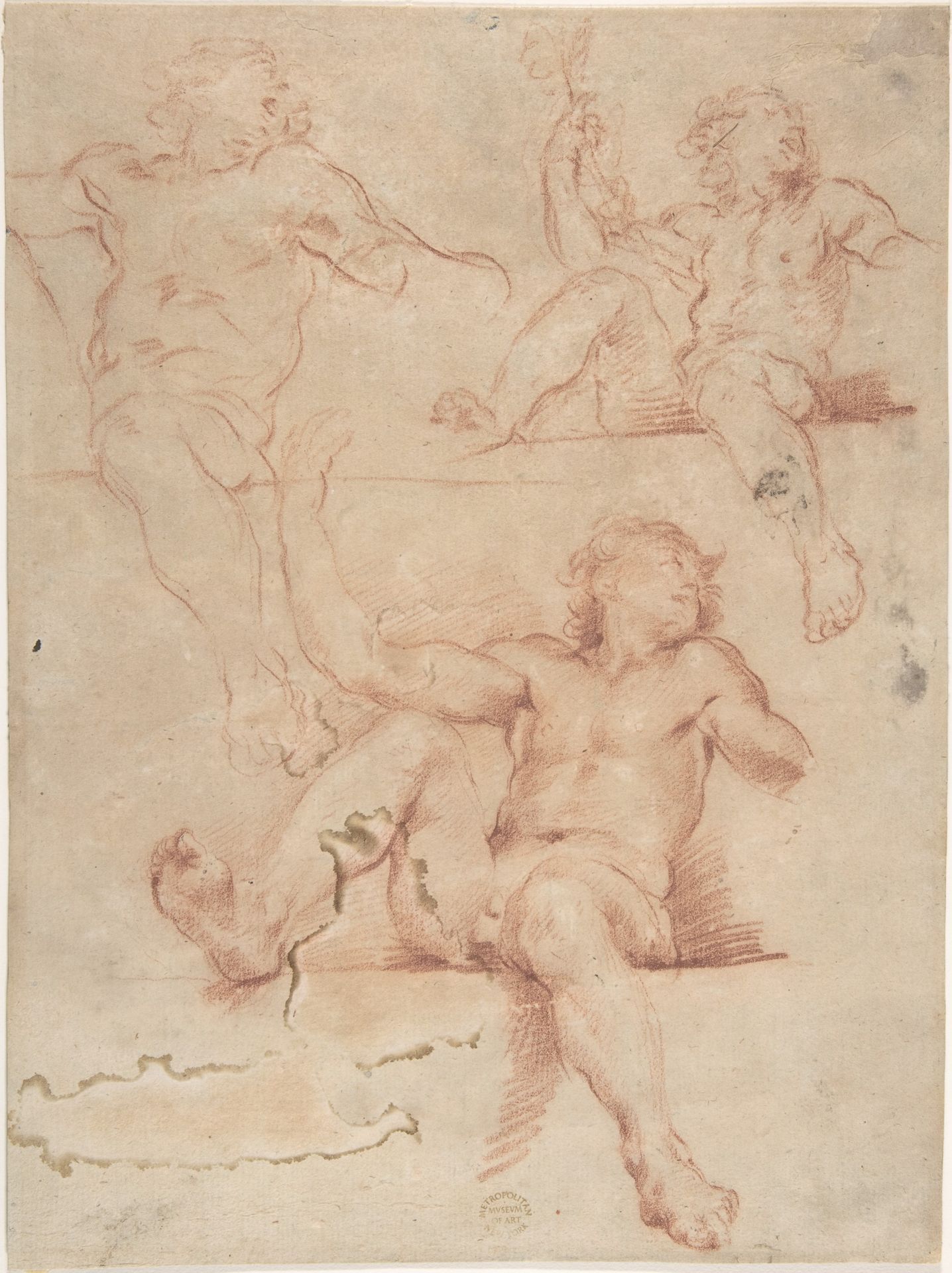 Three Studies of Seated Nude Male with Raised Arm, Seen from Below. by Anonymous