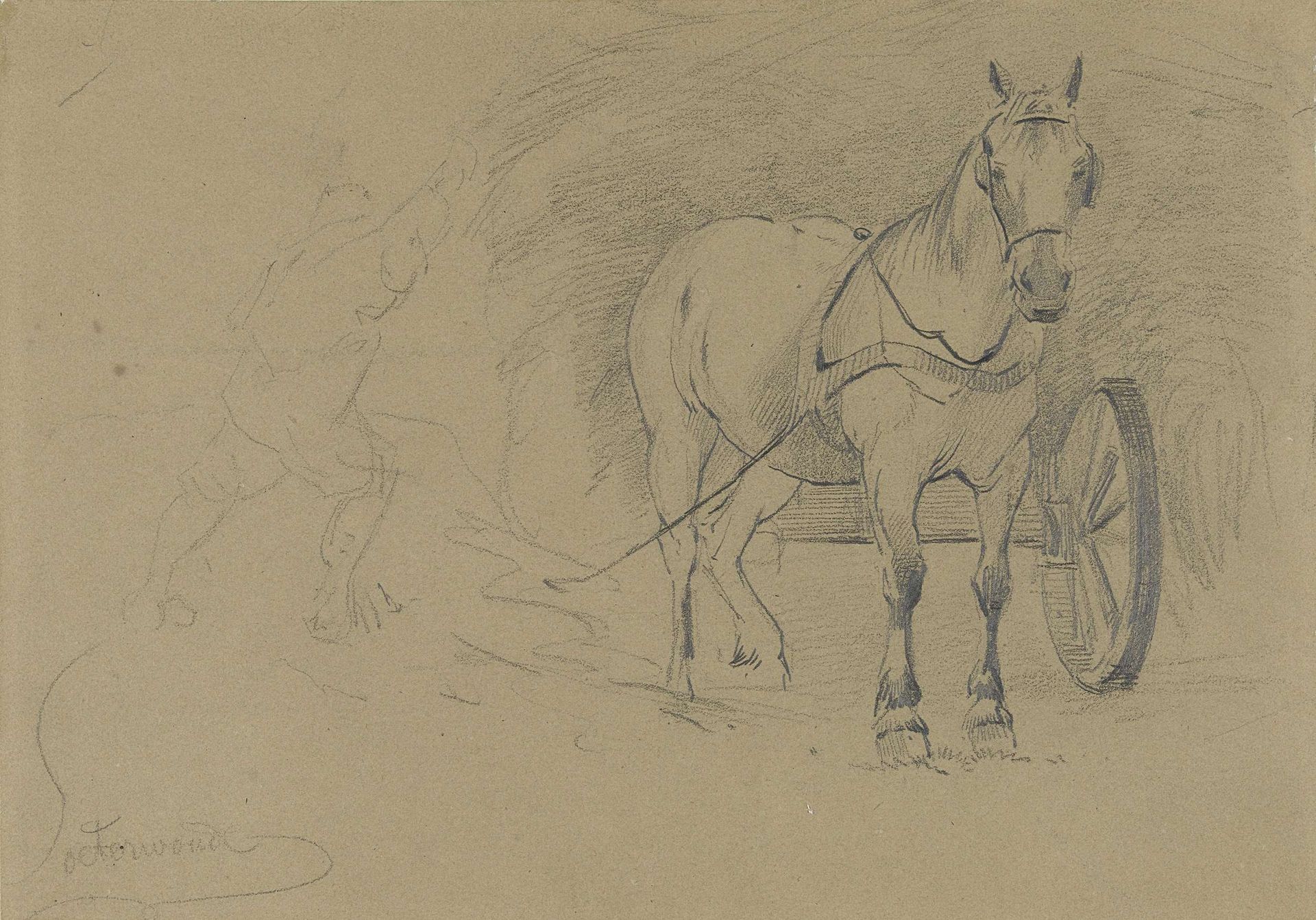 Paard voor een hooiwagen by Gerard Bilders