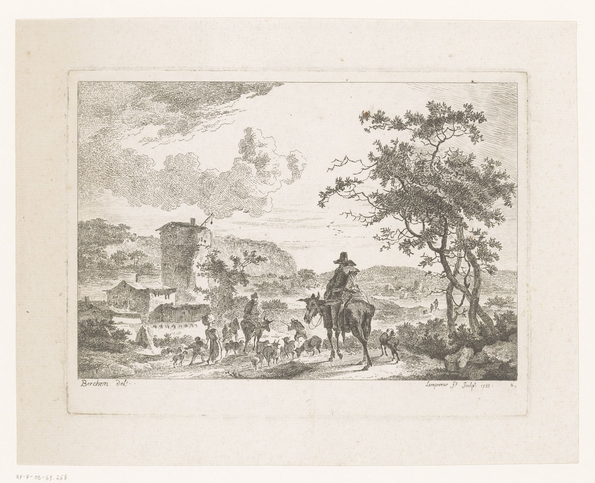 Landschap met toren en herders by Jean-Baptiste-Denis Lempereur