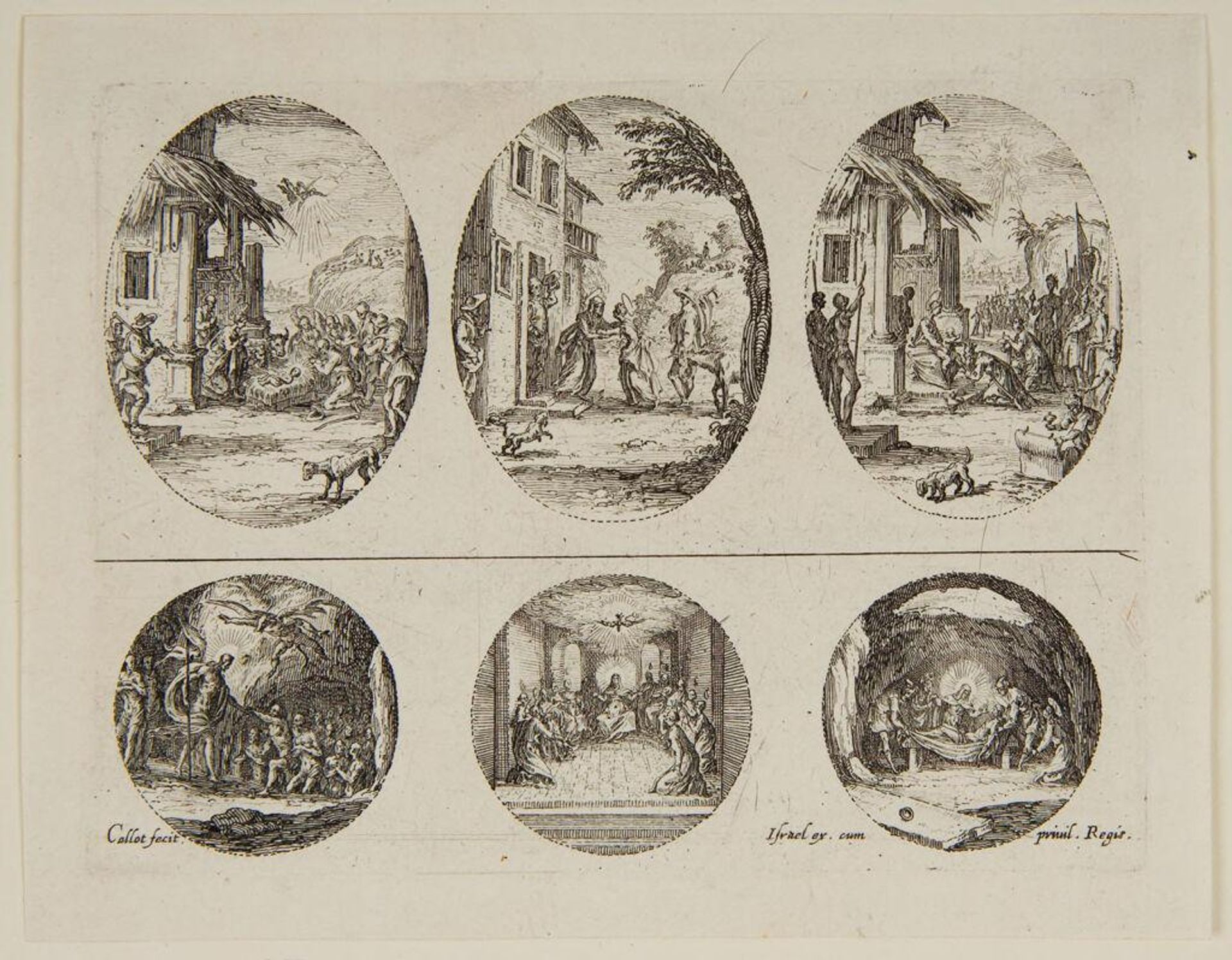 Infant Christ in the Manger, Surrounded by Angels and Shepherds; Two Angels Talking outside the Stable; The Virgin Mary Holding the Infant Christ as the Wise Men Kneel before Him; An Angel Visiting the Masses in the Cave; The Virgin Mary and Her Followers; The Resurrection by Jacques Callot