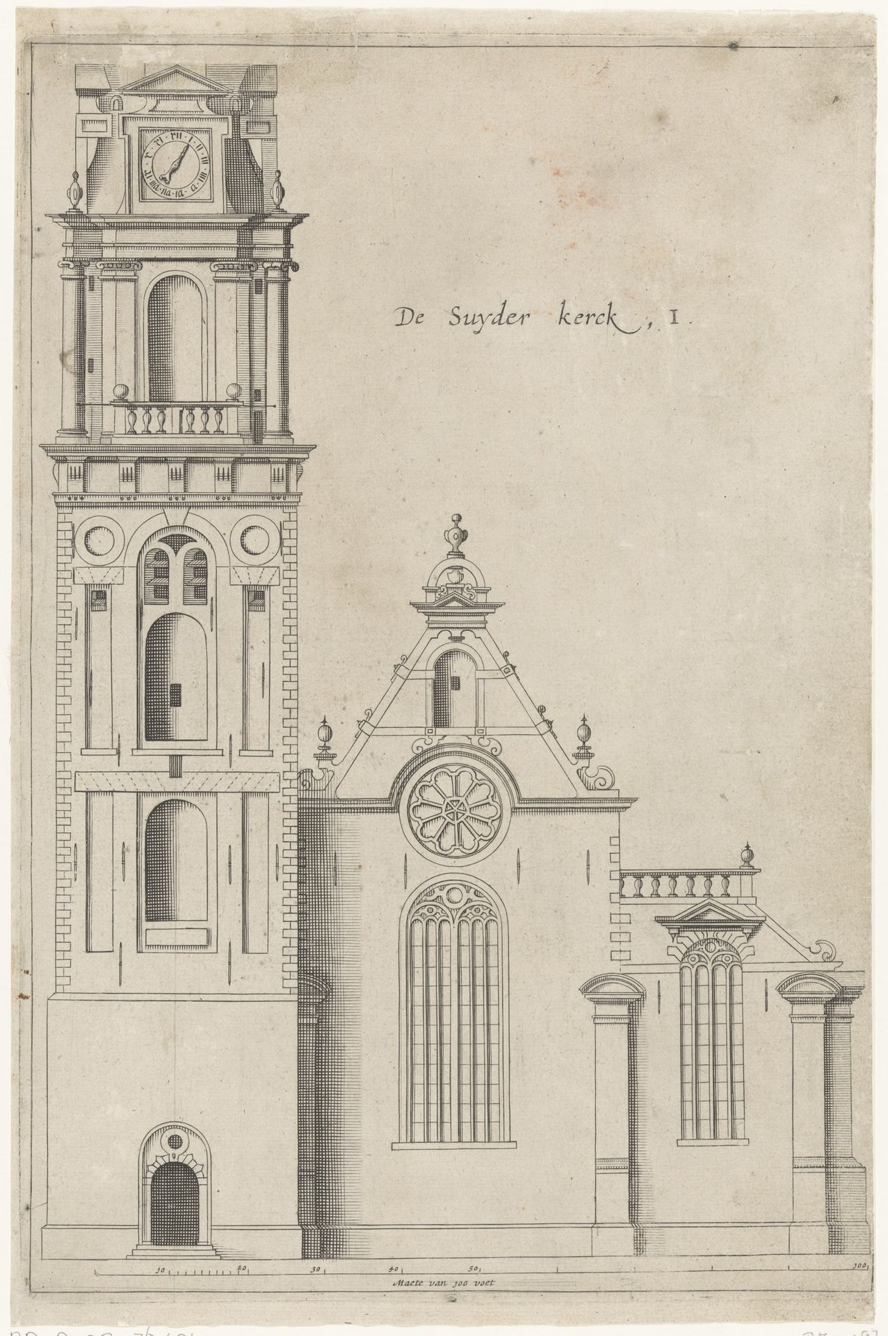 Opstand van de frontfaçade van de Zuiderkerk met toren by Anonymous