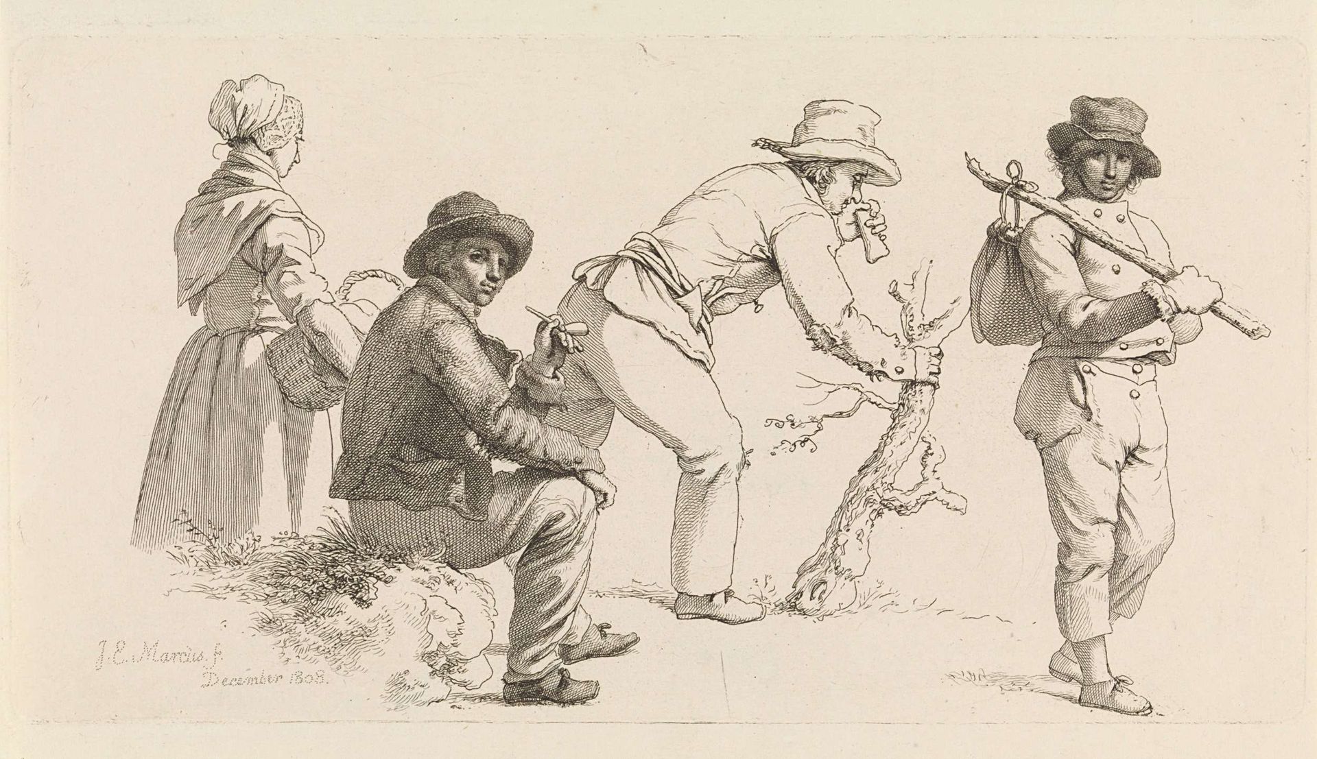 Studieblad met vier figuren by Jacob Ernst Marcus