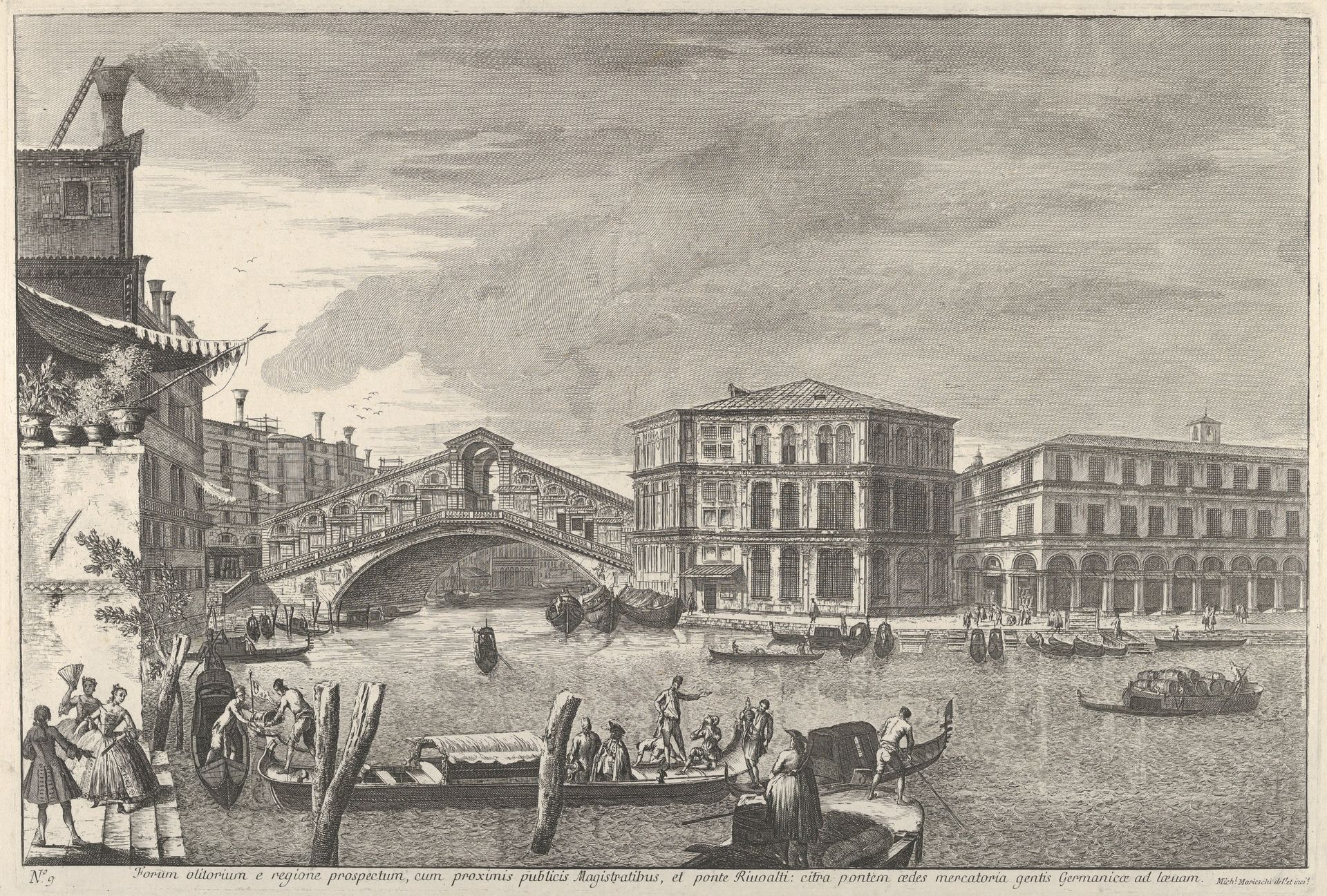 Plate 9: the bridge and market of the Rialto, Venice, from 'Views of Venice' (Magnificentiores Selectioresque Urbis Venetiarum Prospectus) by Michele Marieschi