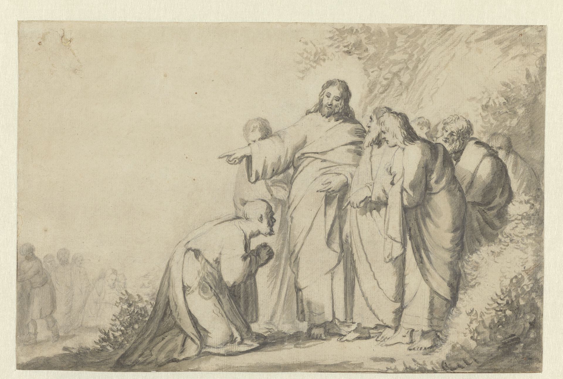 Christus met een knielende man en zijn discipelen by Jacob Hogers