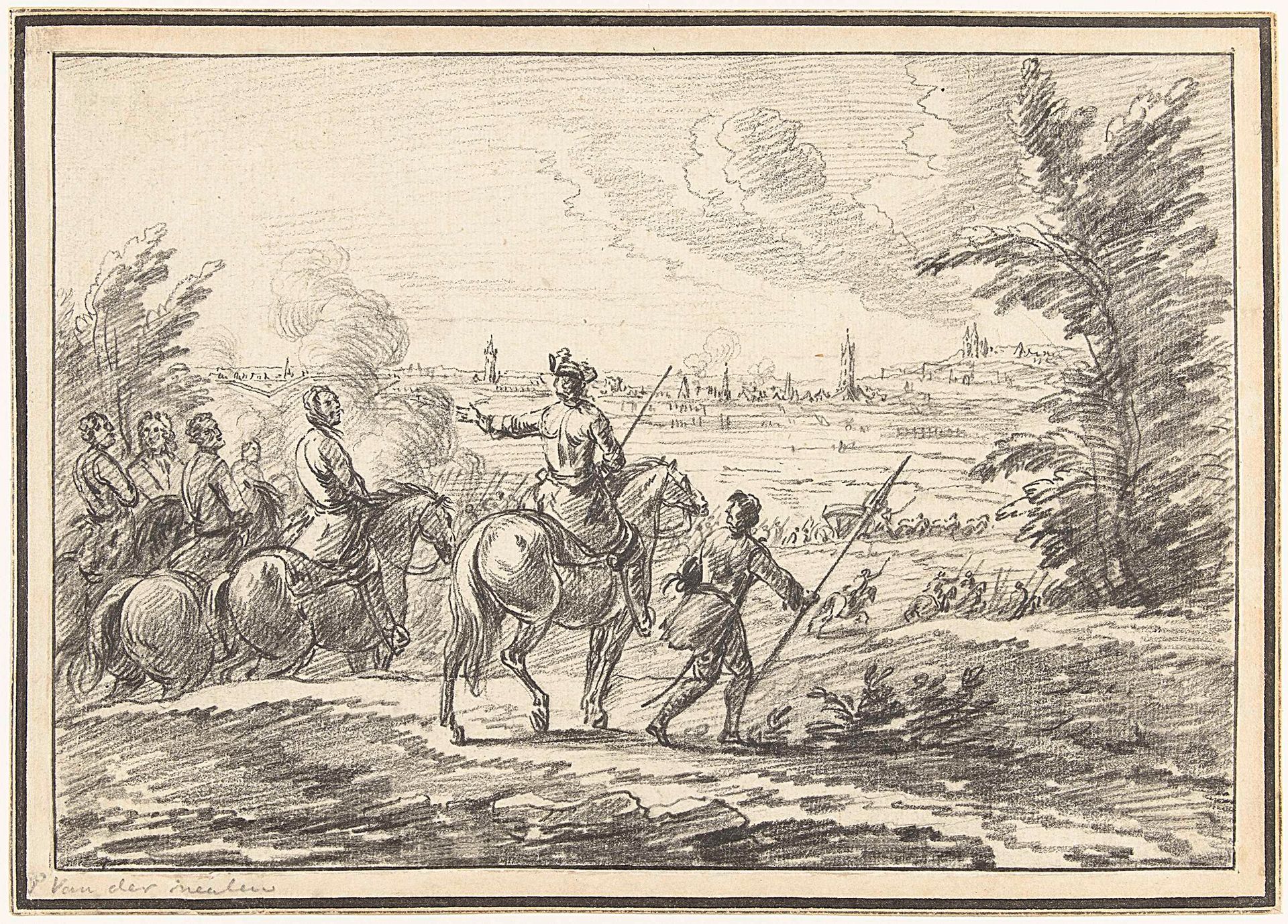 Ruiters op een heuvel voor een stad by Adam van der Meulen