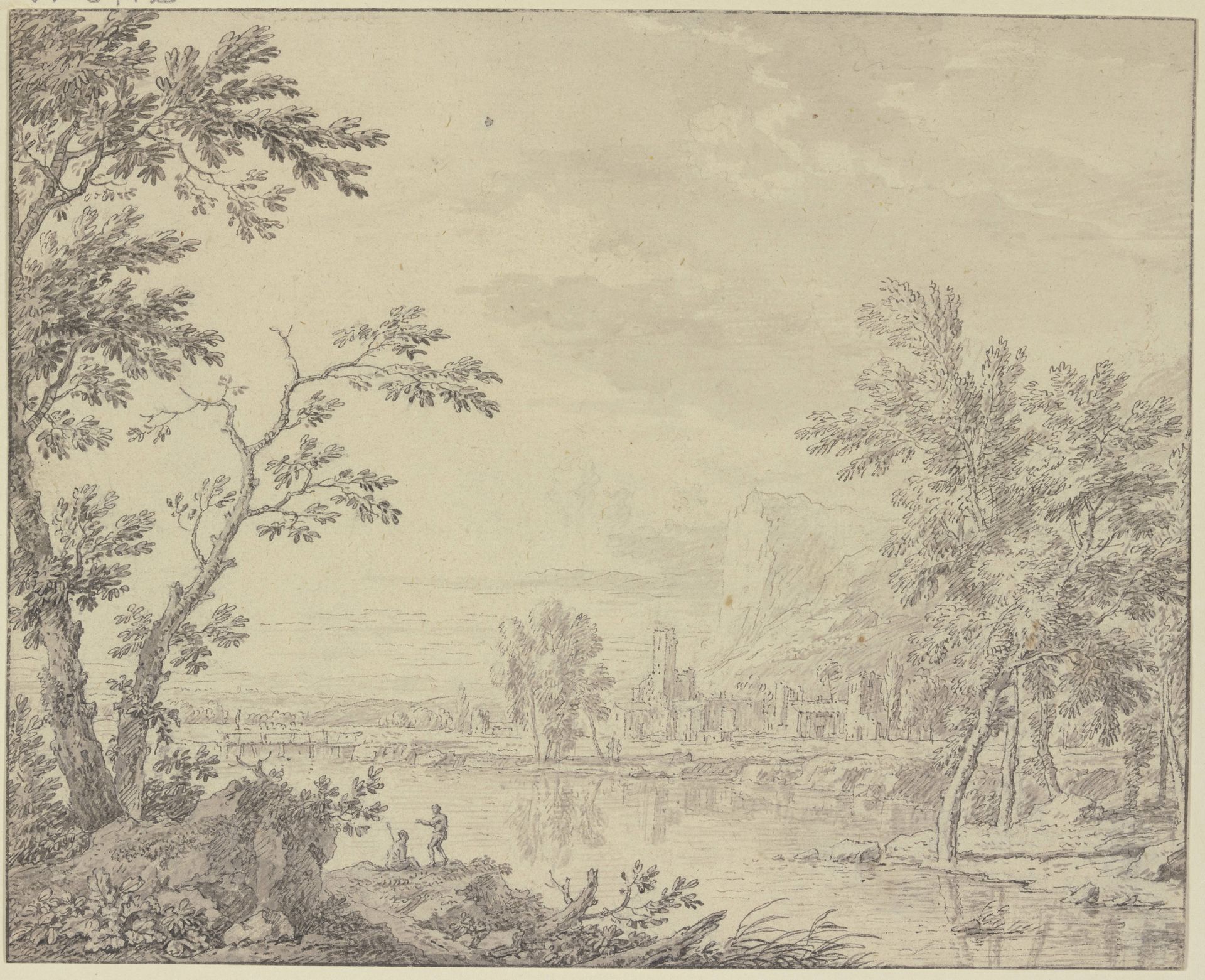 Landschaft mit einer Stadt am Wasser by Jan van Huysum
