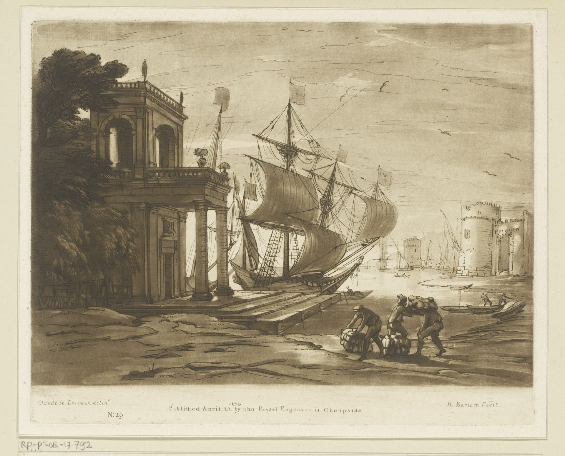Havengezicht met aangemeerd zeilschip by Richard Earlom