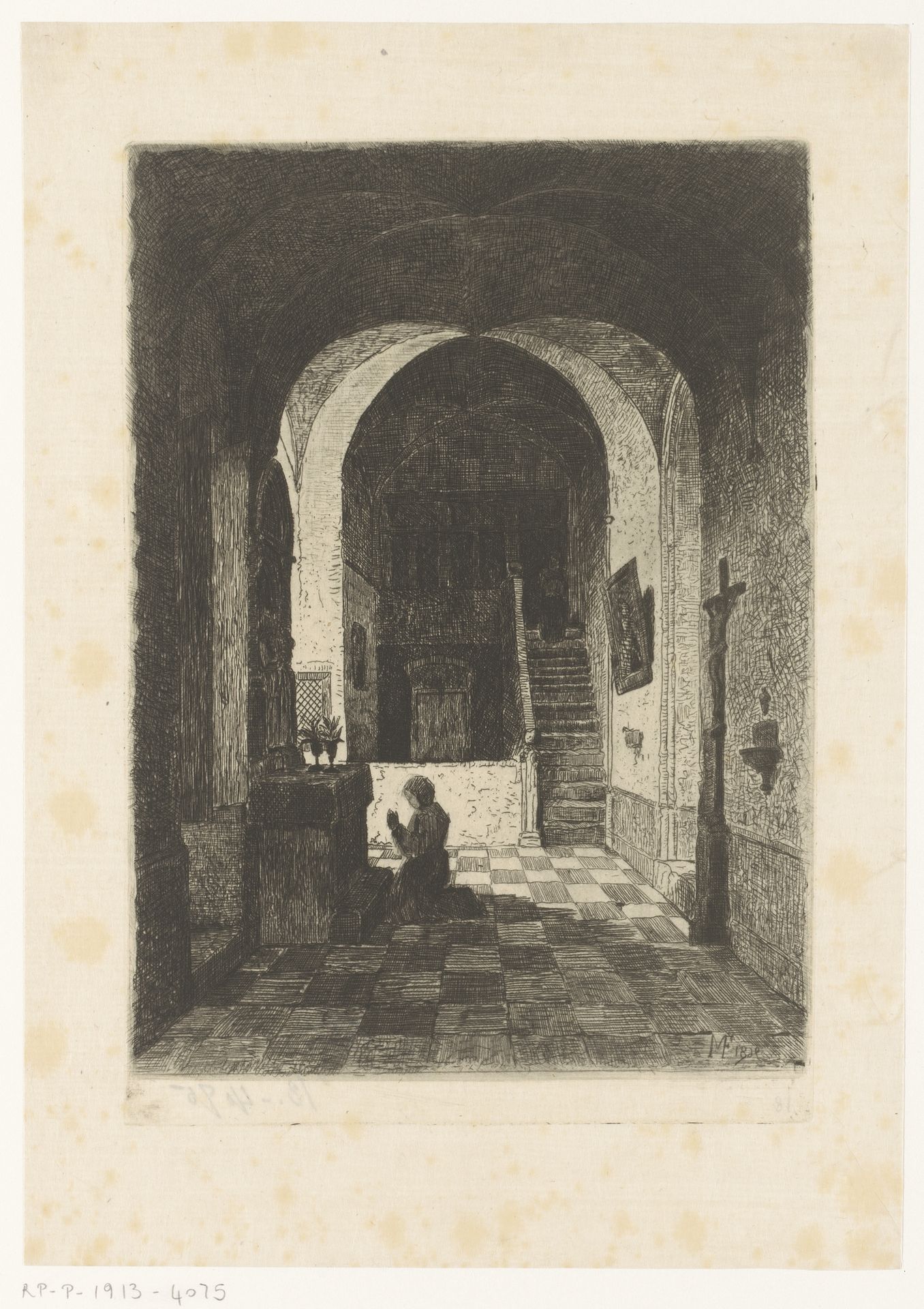 Vrouw biddend voor een altaar by Maria van (gravin van Vlaanderen) Hohenzollern-Sigmaringen