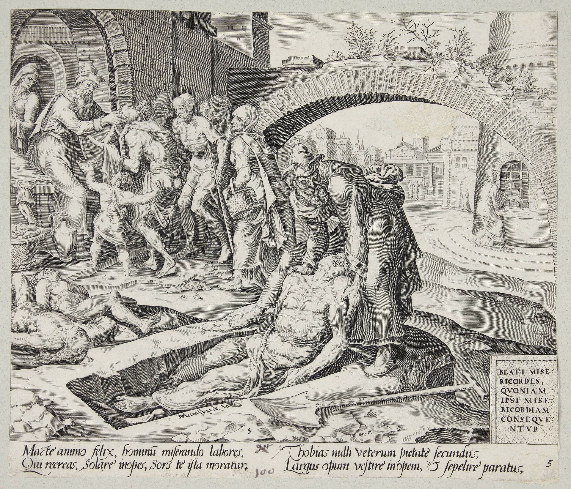 Blessed are the meciful. Tobit burying the dead, clothing the naked and feeding the hungry by Harmen Jansz. Muller