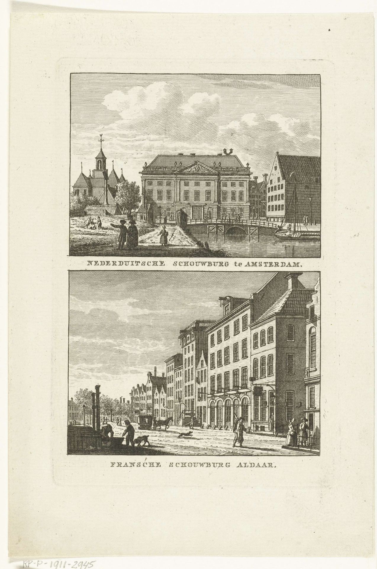 Twee stadsgezichten te Amsterdam: Nederduitse Academie en Franse Schouwburg by Carel Frederik (I) Bendorp
