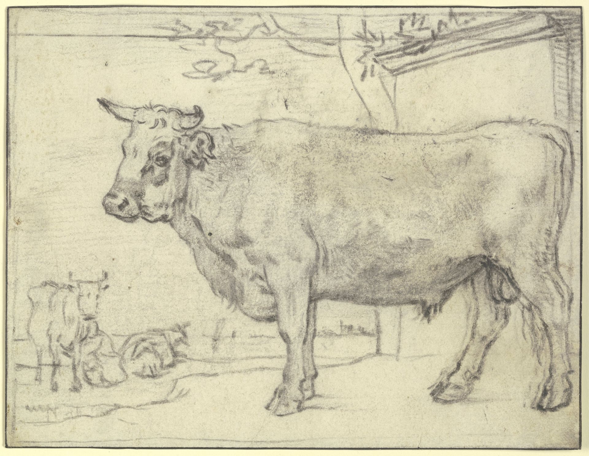 Stier nach links, hinten zwei Kühe und eine Melkerin by Paulus Potter