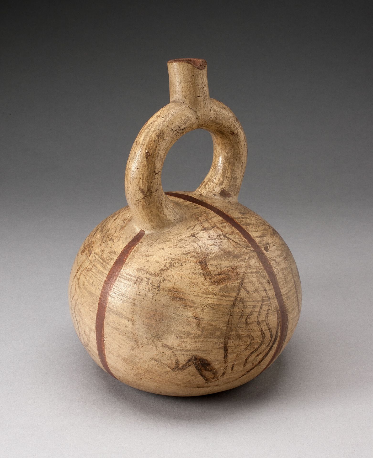 Globular Stirrup Vessel with Depicting Abstract Animals, Possibly Overpainted by Moche