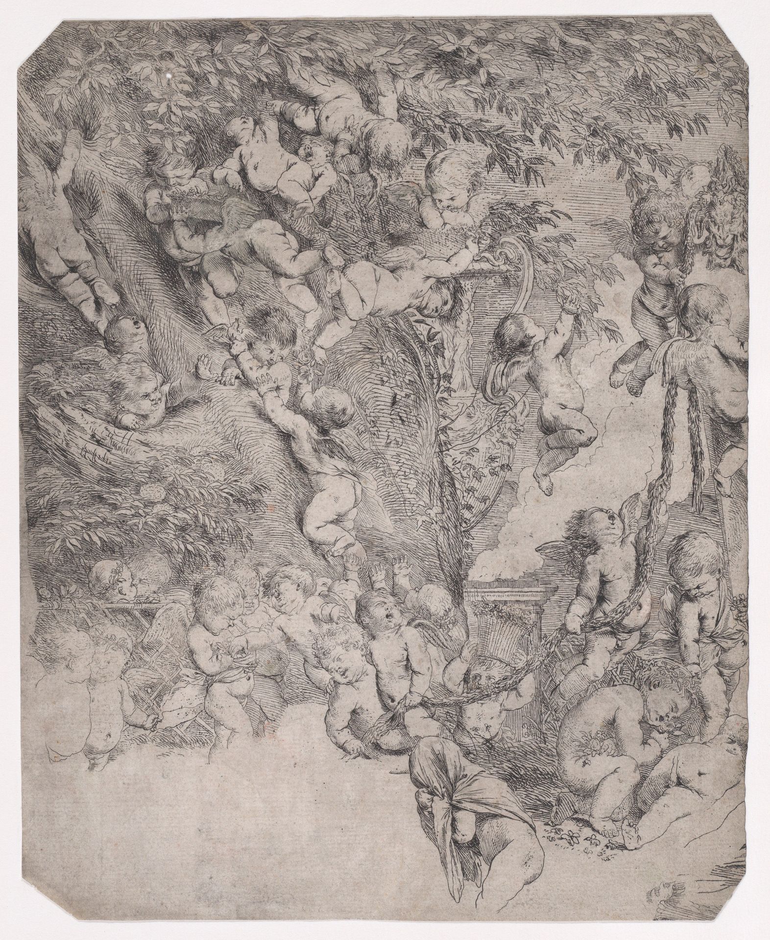 The garden of Venus, proof impression of upper left corner by Pietro Testa